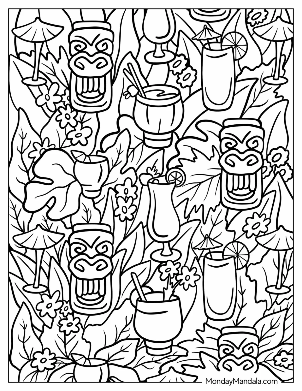 Hawaiian Tiki And Cocktails Pattern Coloring Page coloring page