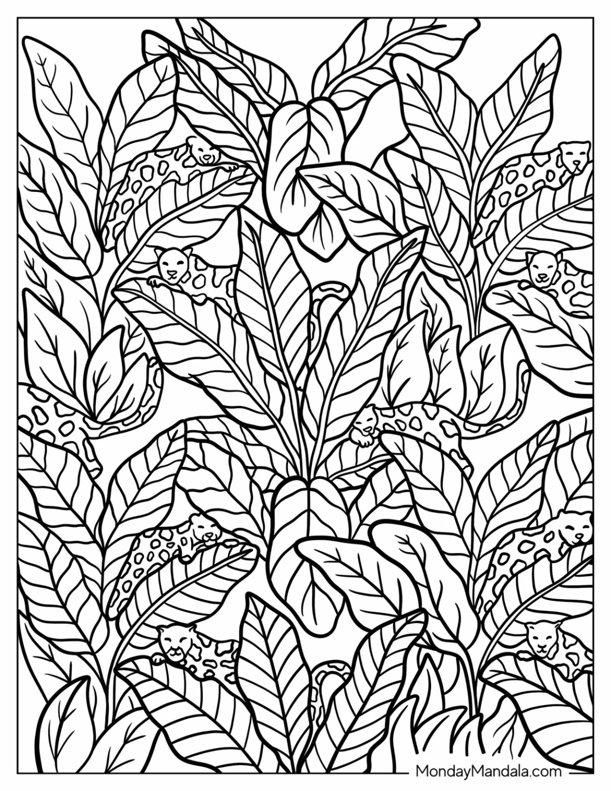 Tiny Tiger On Leaves Pattern Coloring Page coloring page