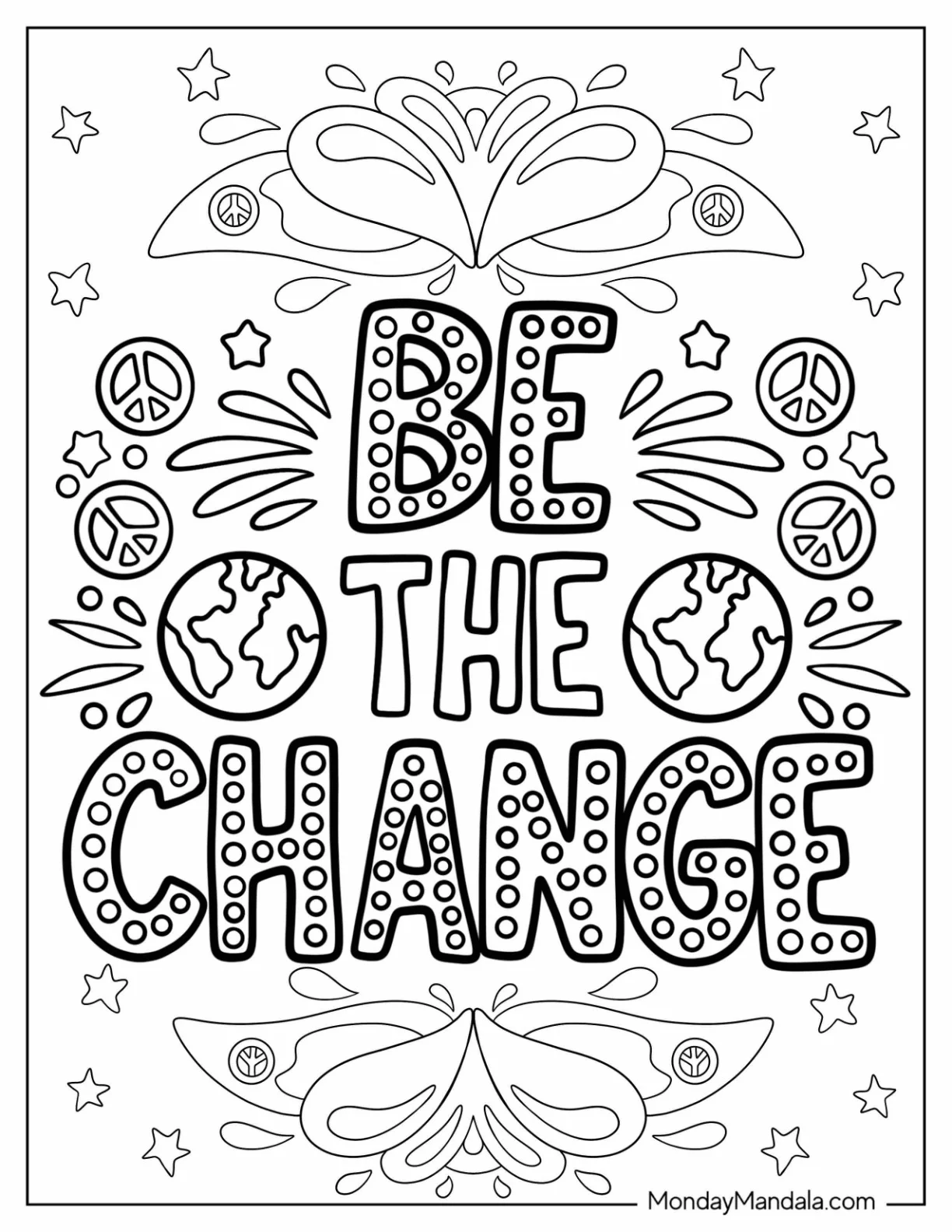 Be The Change Words Surrounded By Peace Coloring Page coloring page