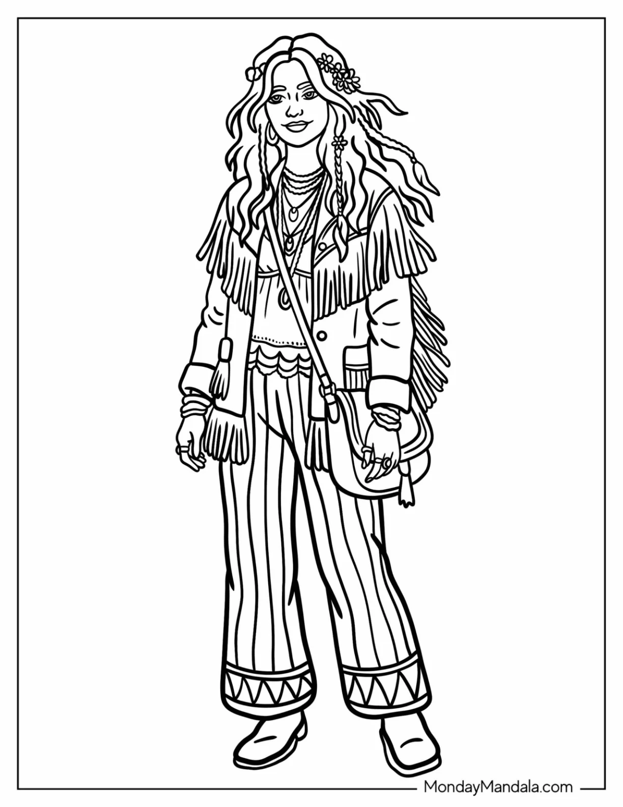 Bohemian Hippie Woman Wearing Fringe and Bell Bottoms Coloring Sheet coloring page
