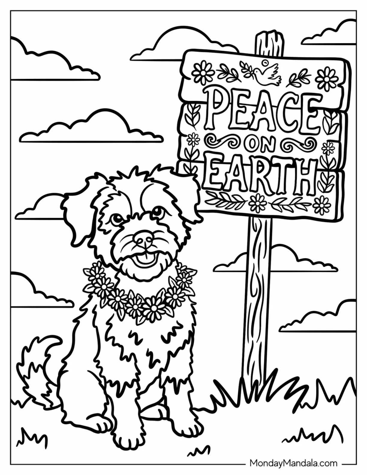Dog Wearing a Flower Garland Beside a Peace on Earth Sign coloring page