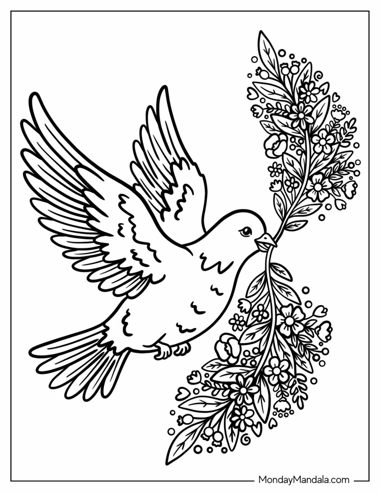 Dove Carrying a Flowering Olive Branch Coloring Sheet coloring page