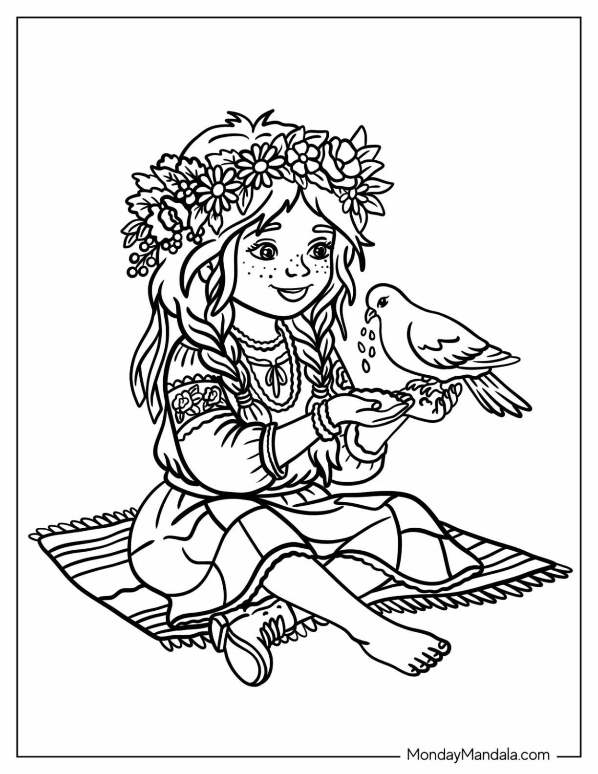 Flower Crowned Girl Feeding a Dove on a Picnic Blanket Coloring Page for Kids coloring page