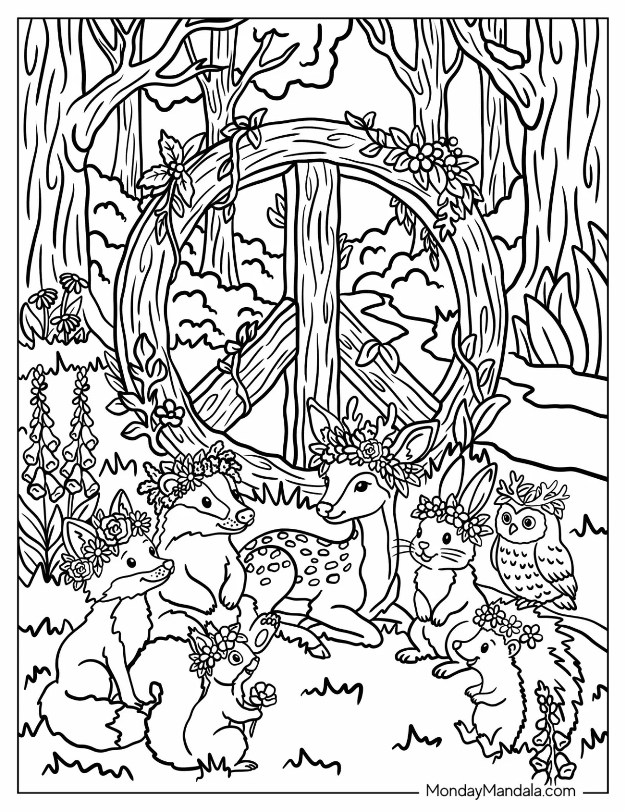 Forest Animals Gathered Beneath a Floral Peace Sign coloring page