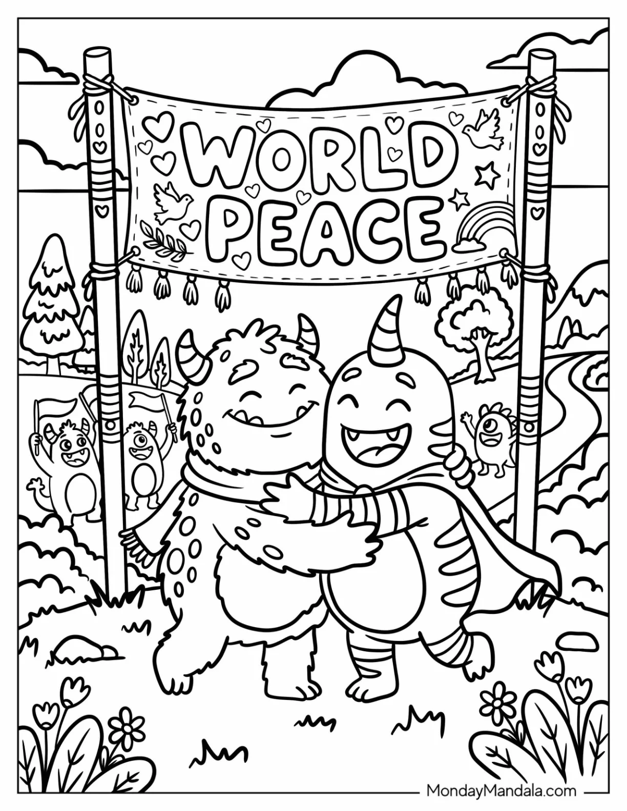 Friendly Monsters Hugging Beneath a World Peace Banner Coloring Page coloring page