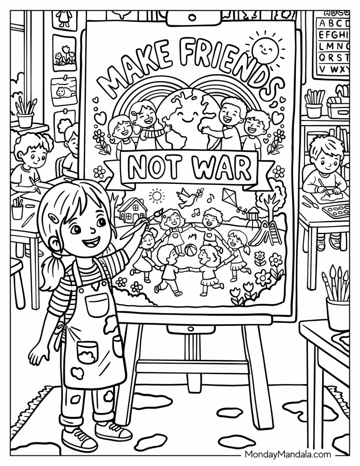 Girl Presenting a Make Friends Not War Peace Poster coloring page