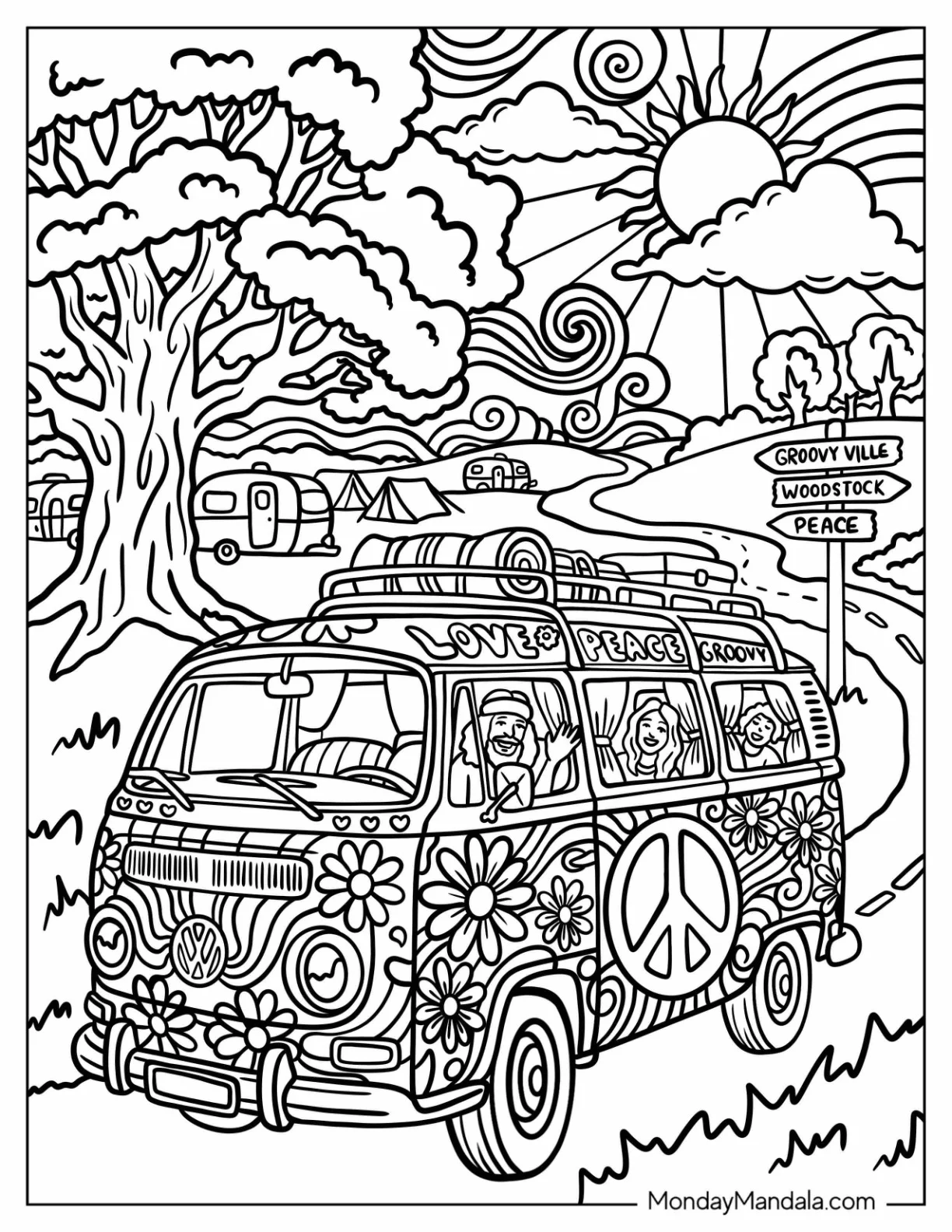 Groovy Peace Van Driving to Woodstock Coloring Page coloring page