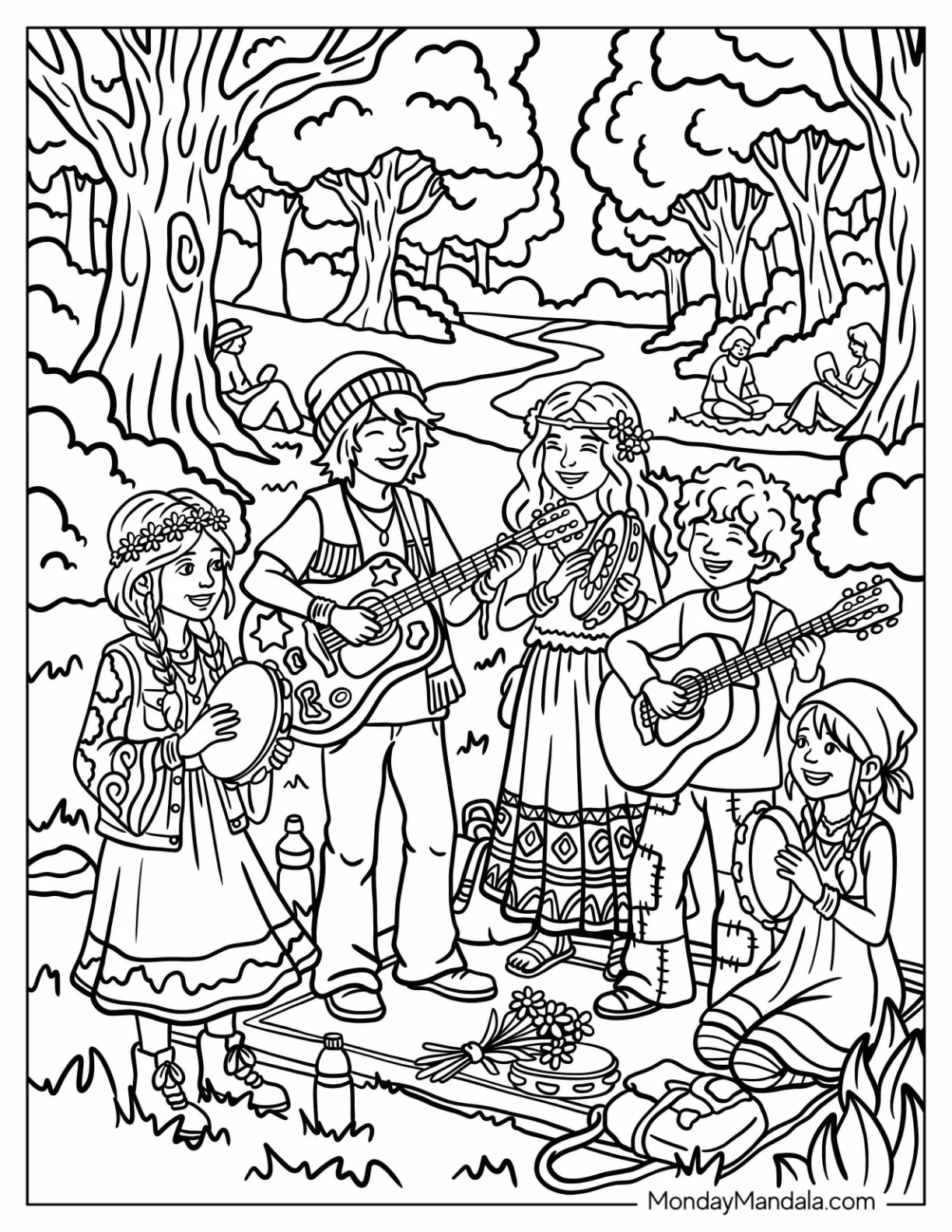 Hippie Band Playing Music in the Forest for Peace Coloring Page coloring page