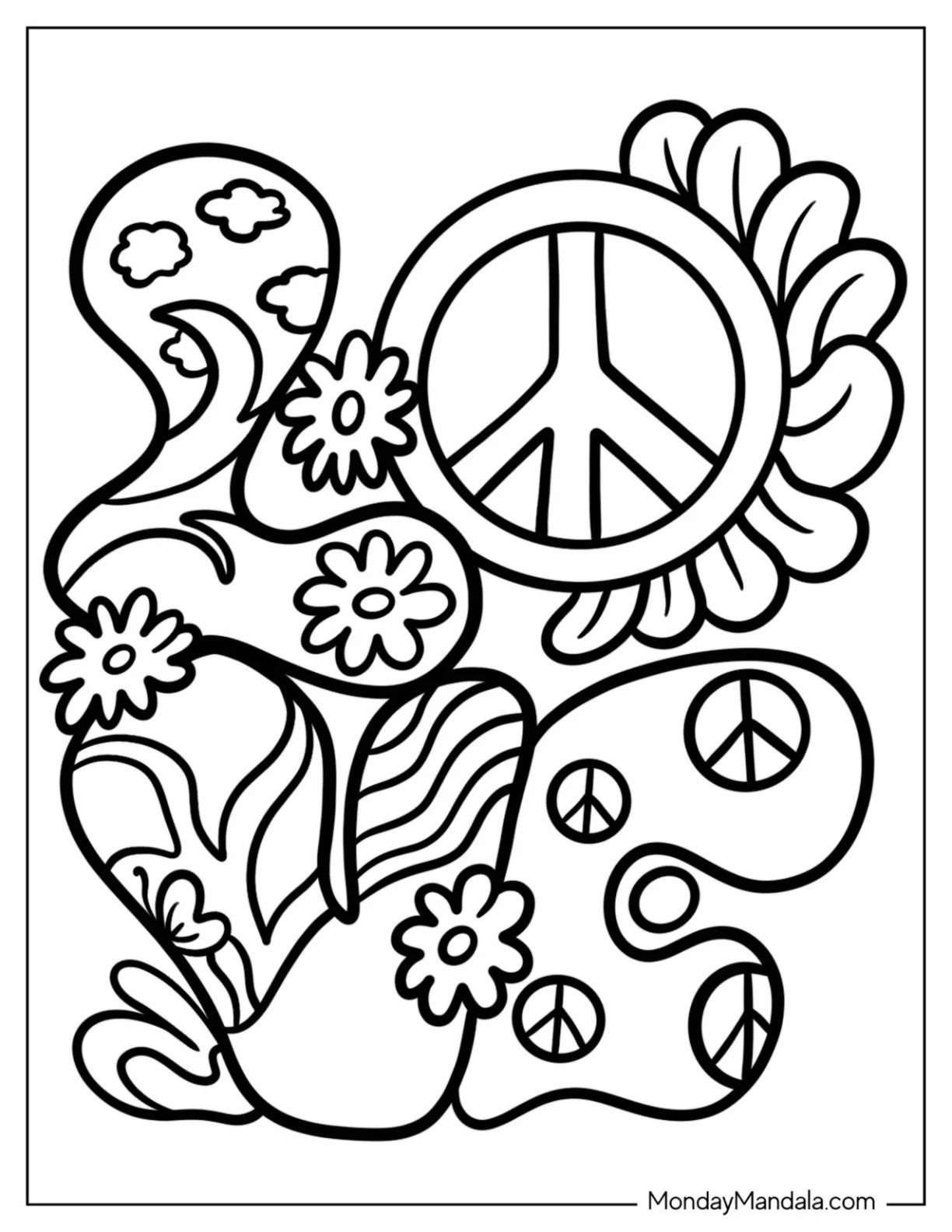 Love Word With Peace Coloring Page Sign And Flowers coloring page