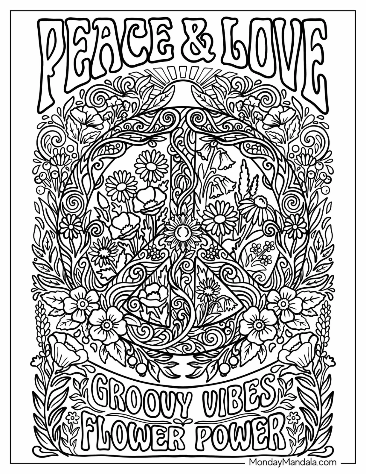 Peace and Love Floral Peace Sign Coloring Page coloring page