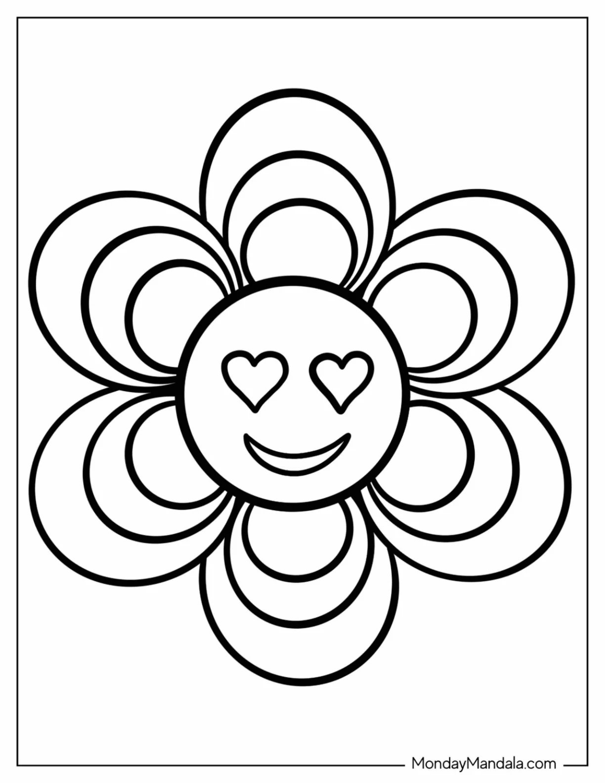 Peace Coloring Page Of Cute Flower With Love Heart For Eyes For Preschoolers coloring page