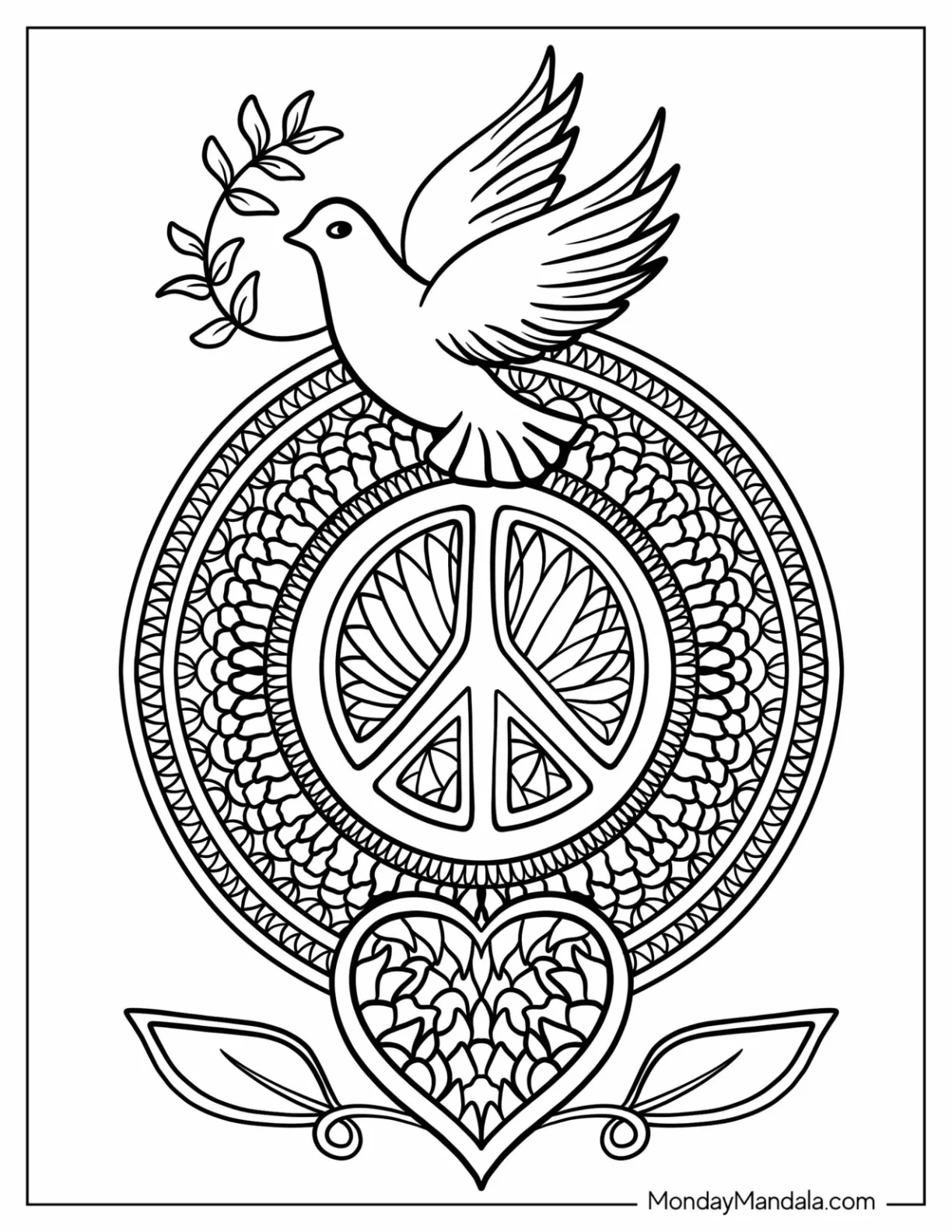 Peace Coloring Page Of Mandala With Dove At The Top coloring page