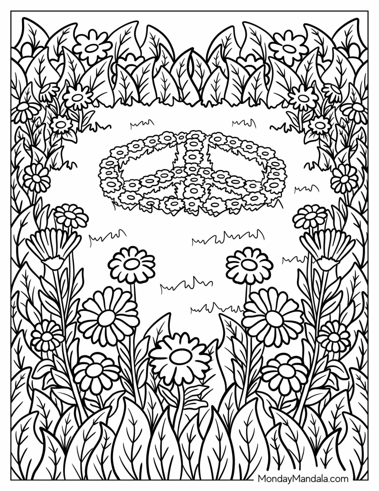 Peace Coloring Page Of Sign On A Flower Field Made Of Daisies coloring page