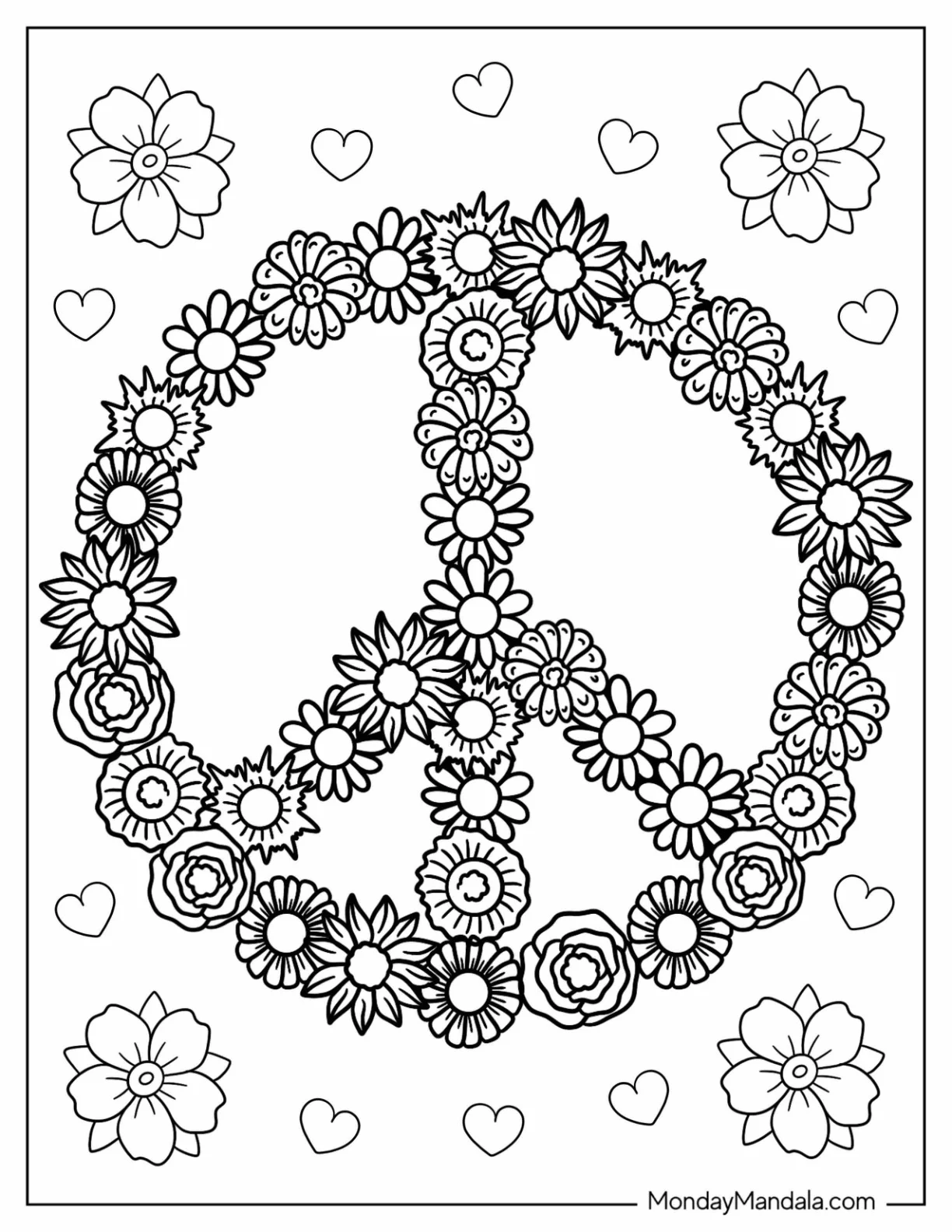 Peace Coloring Page  Symbol Made Up Of Different Flowers coloring page