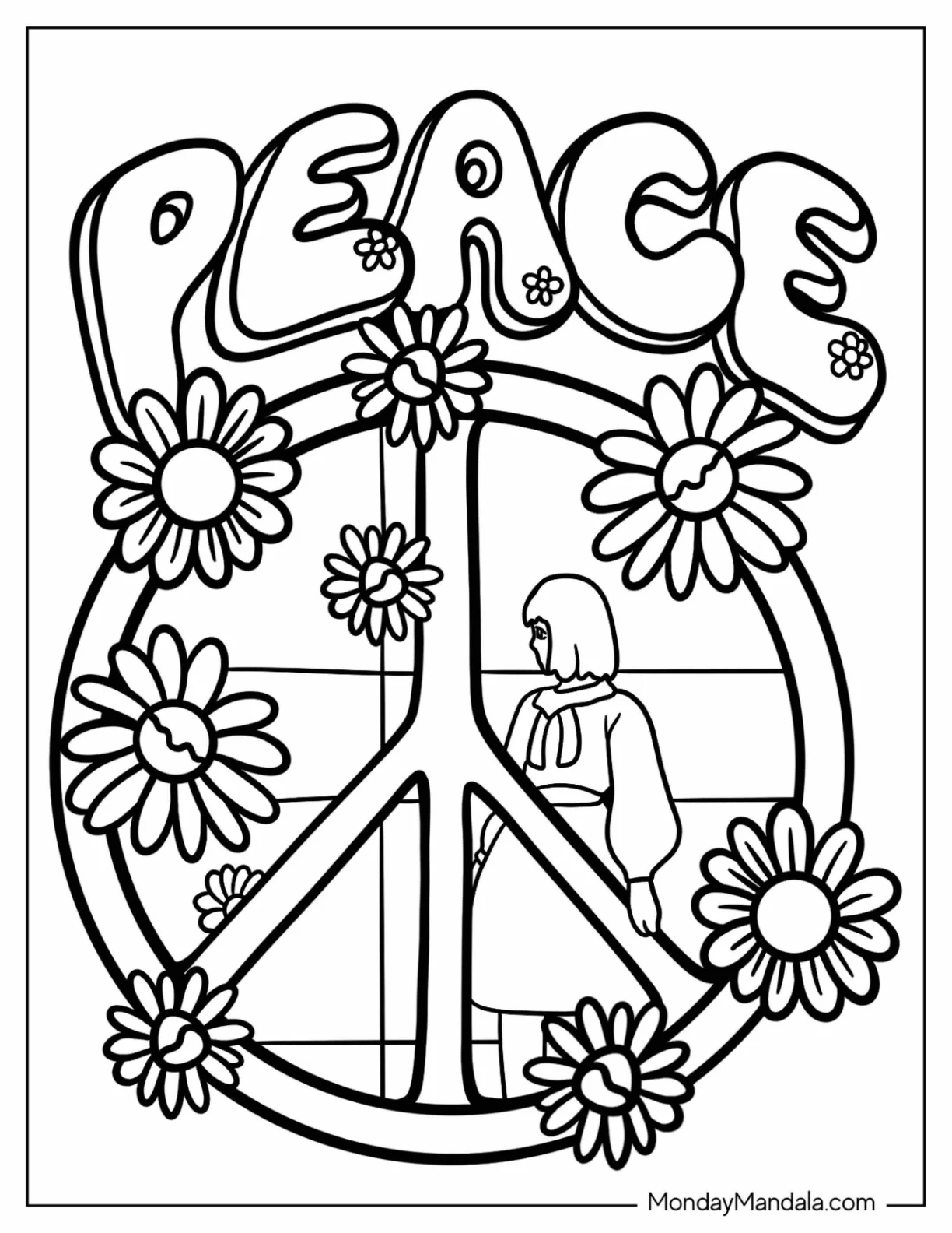 Peace Coloring Page Word And Symbol With Woman And Flowers coloring page