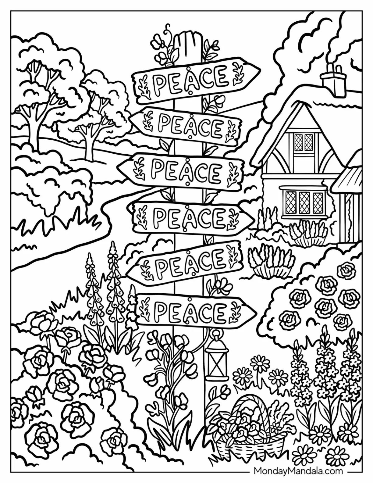 Peace Signpost in a Flower Garden Coloring Sheet coloring page