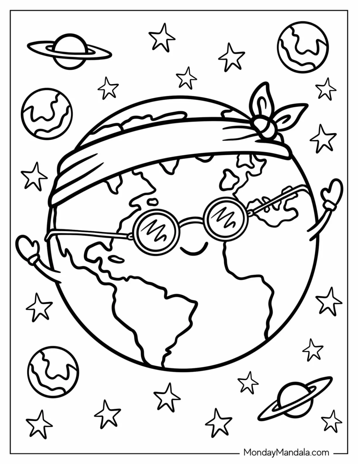 Peaceful Earth Wearing a Headband and Sunglasses Coloring Page for Kids coloring page