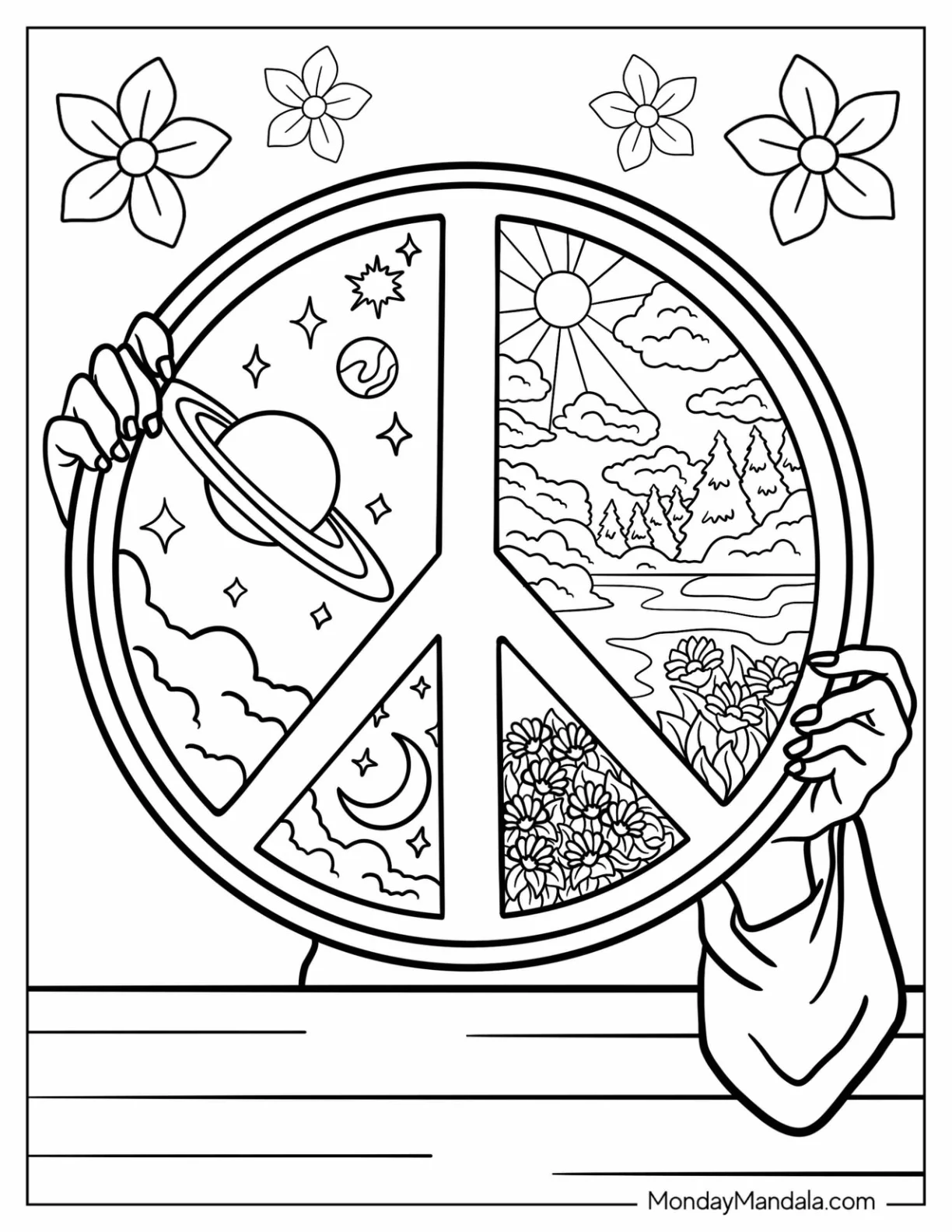 Person Holding A Peace Coloring Page Sign With Different Landscapes coloring page
