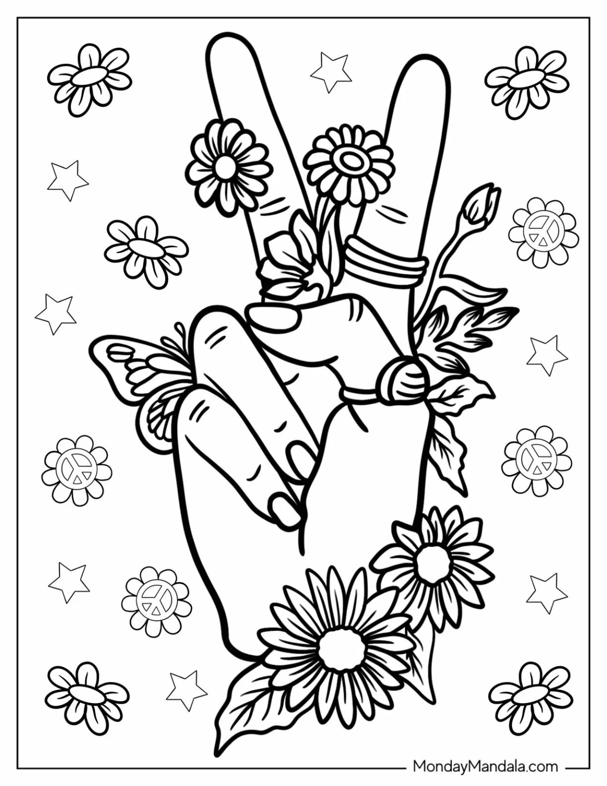 Realistic Hand Making Peace Coloring Page Sign While Covered In Flowers coloring page