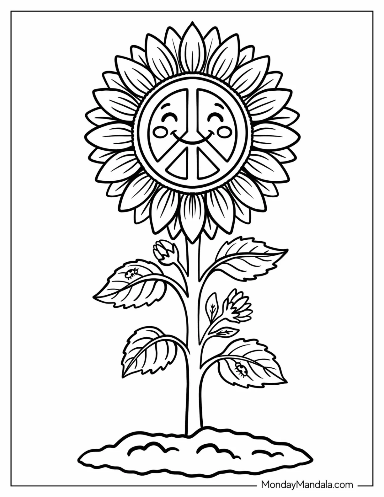 Sunflower with a Smiling Peace Sign Coloring Sheet for Kids coloring page