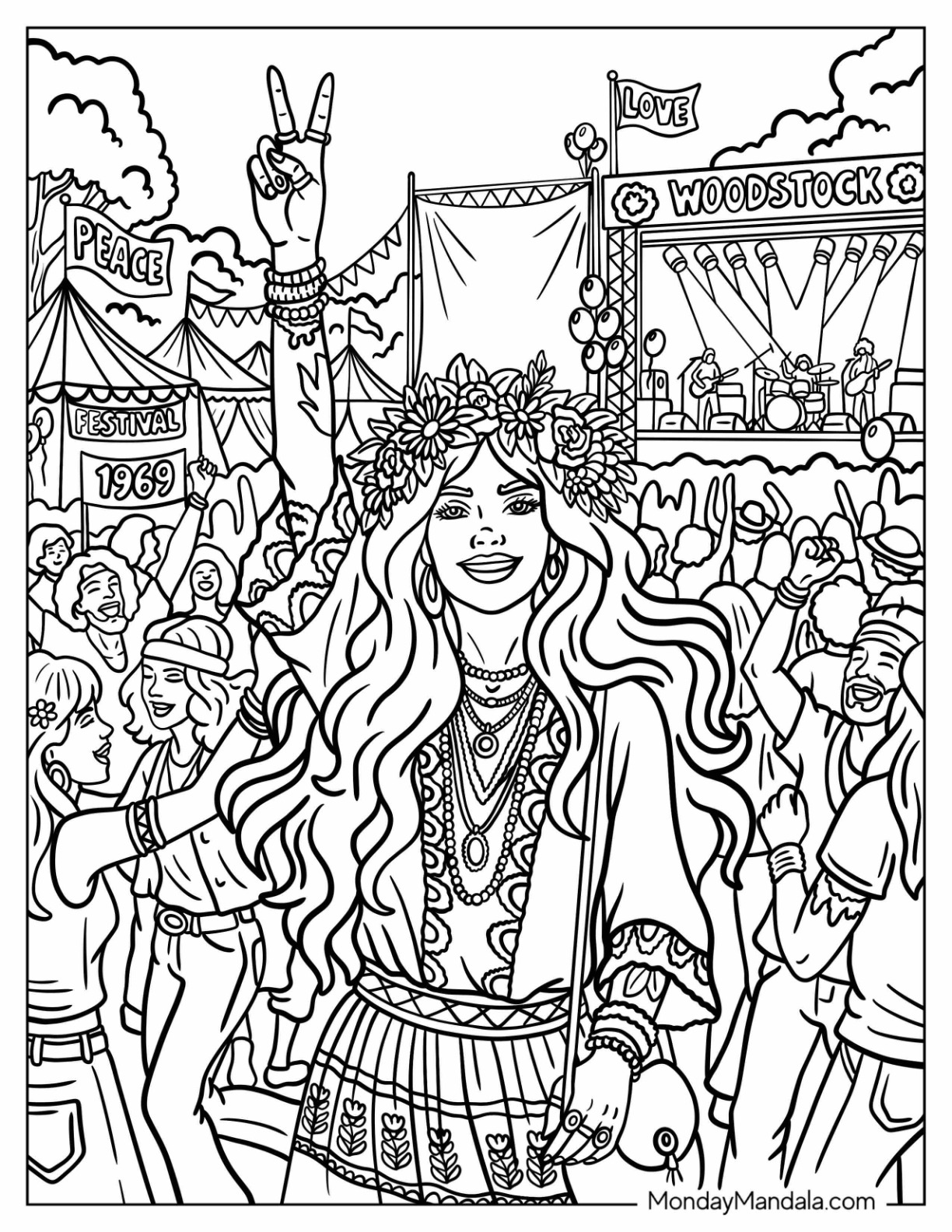 Woman Making Peace Sign at Woodstock Festival Coloring Page coloring page