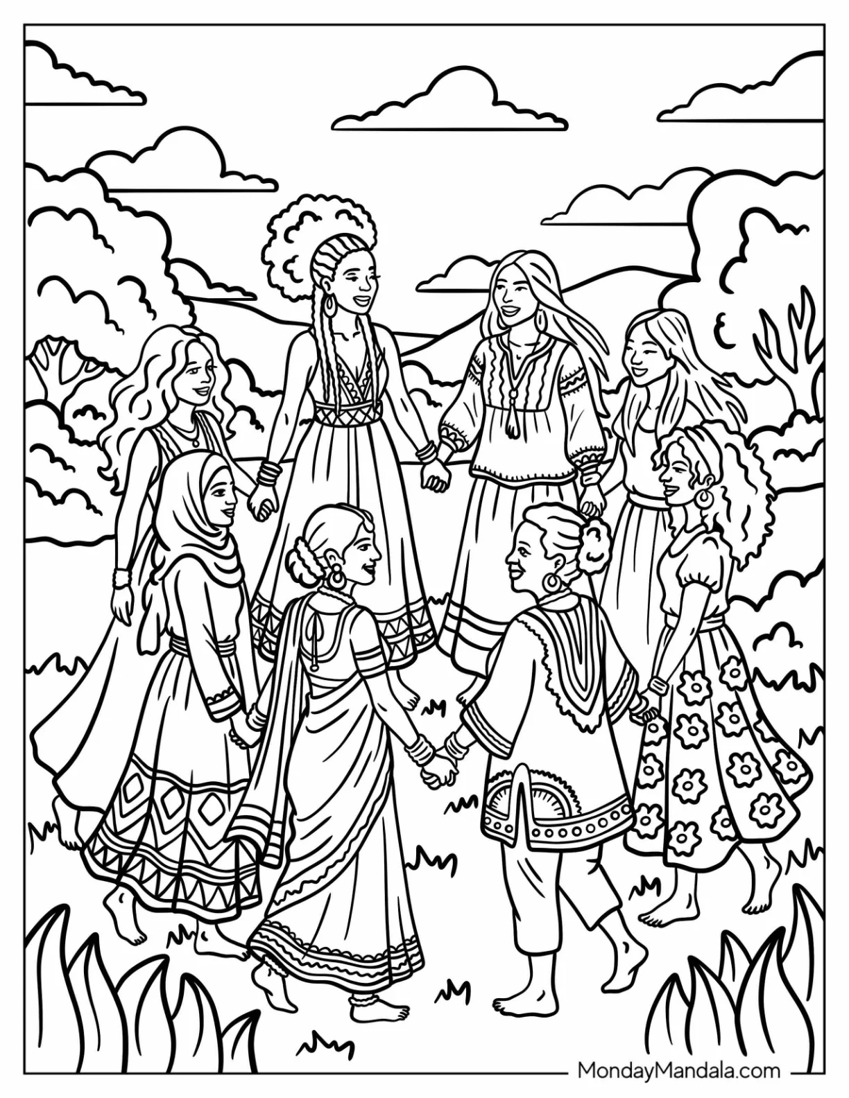 Women Holding Hands in a Peace Circle Coloring Page coloring page