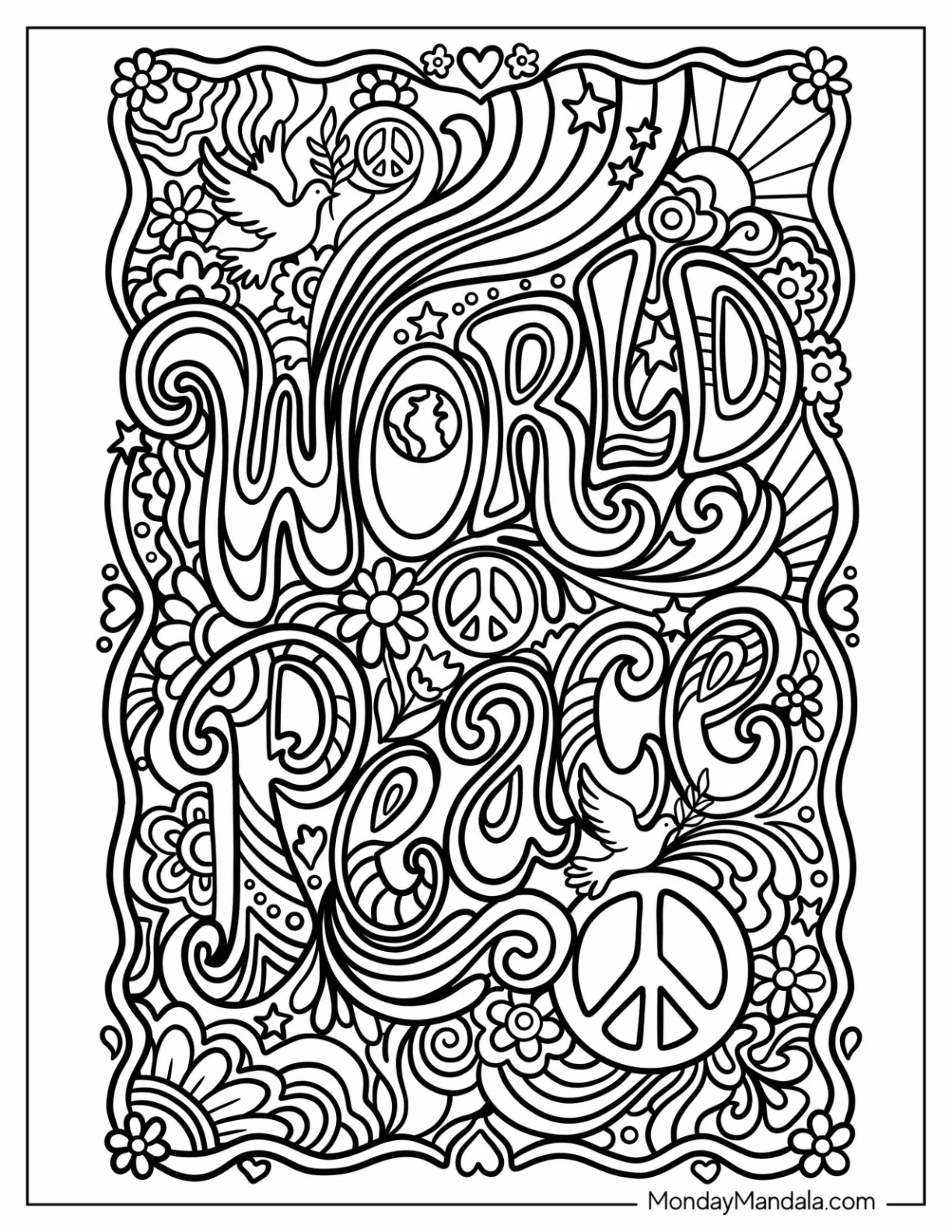World Peace with Doves and Groovy Symbols Coloring Page coloring page