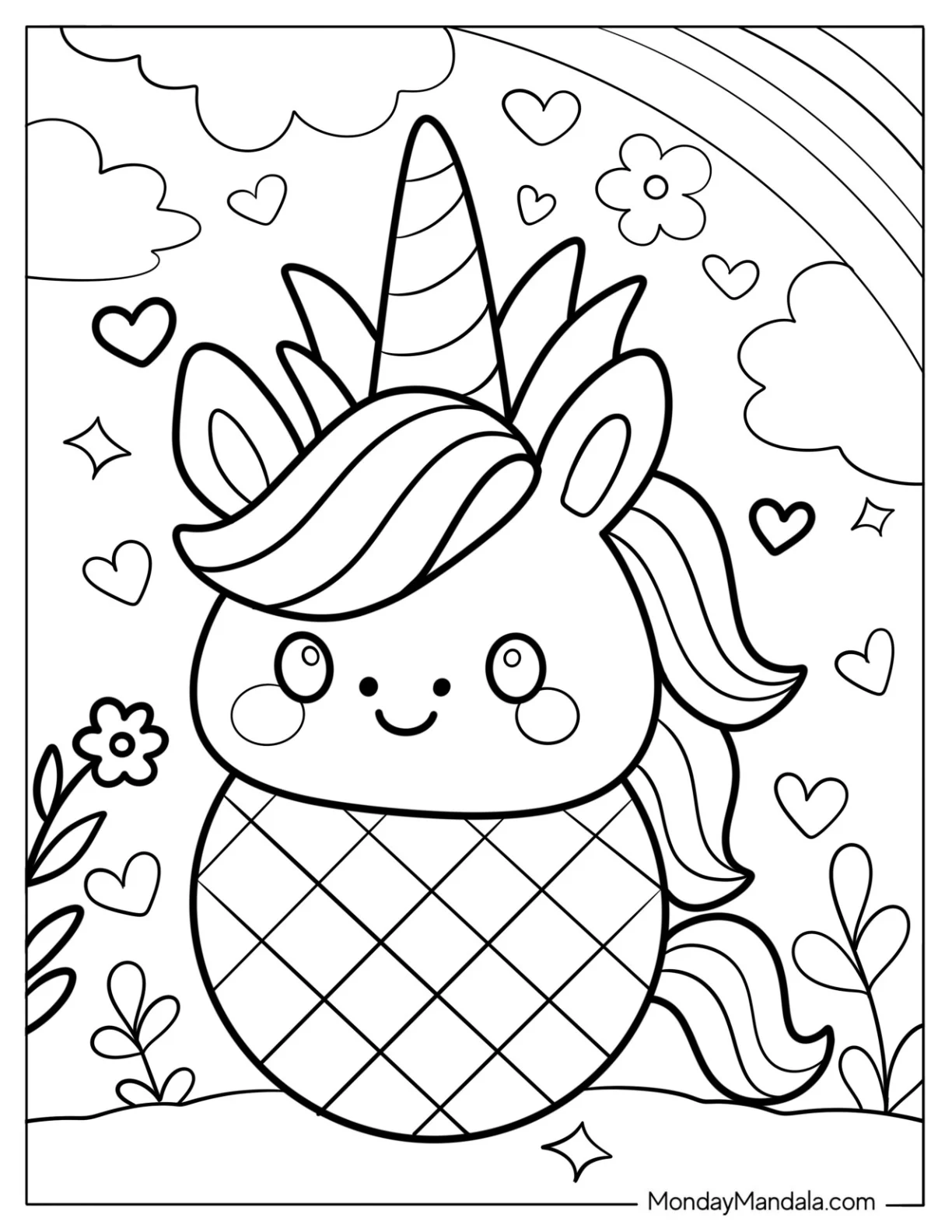 Adorable Pineapple Coloring Page Unicorn With Rainbow For Kids coloring page