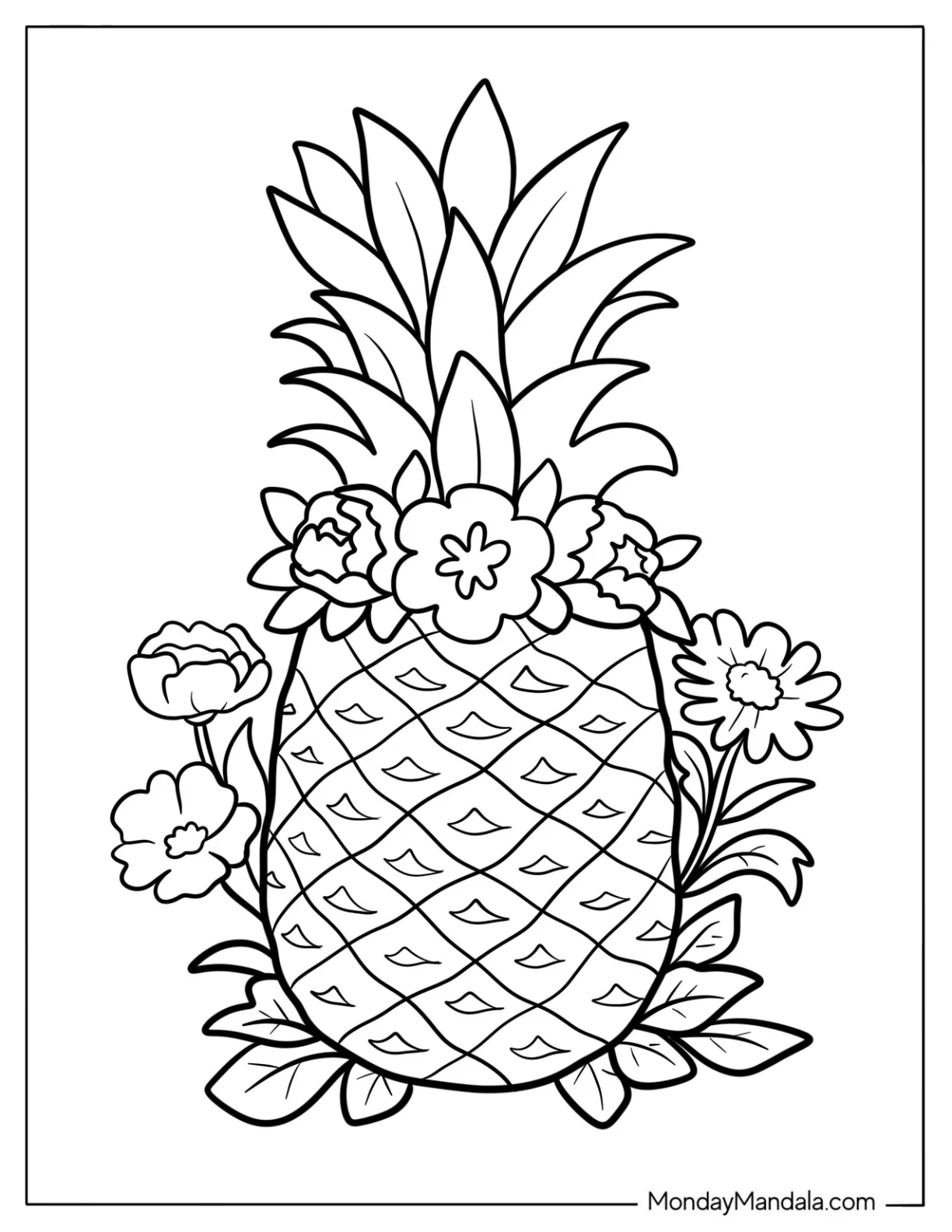 Beautiful Floral Pineapple Coloring Page for Adults coloring page — printable line art
