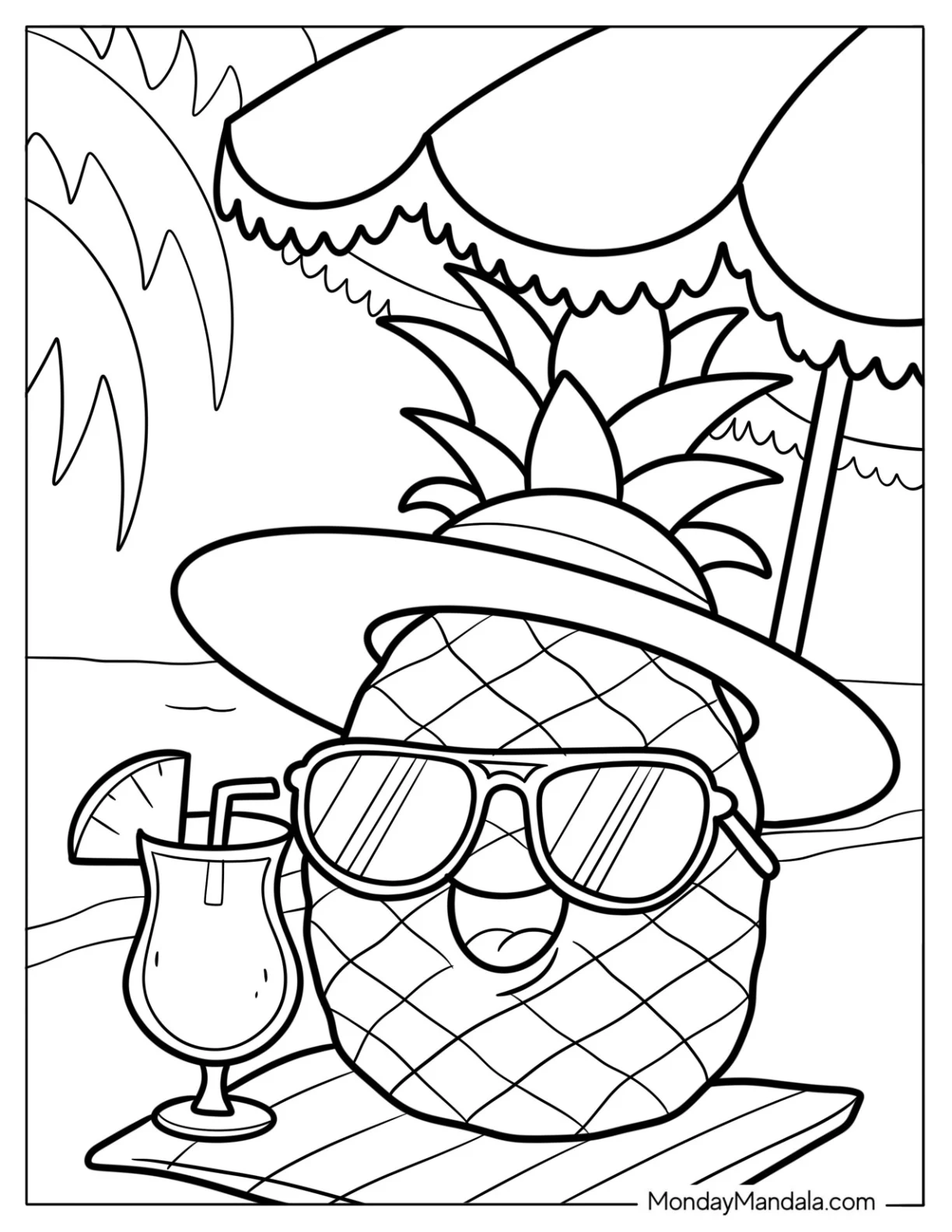 Chill Pineapple Coloring Page With Drink and Sunglasses coloring page