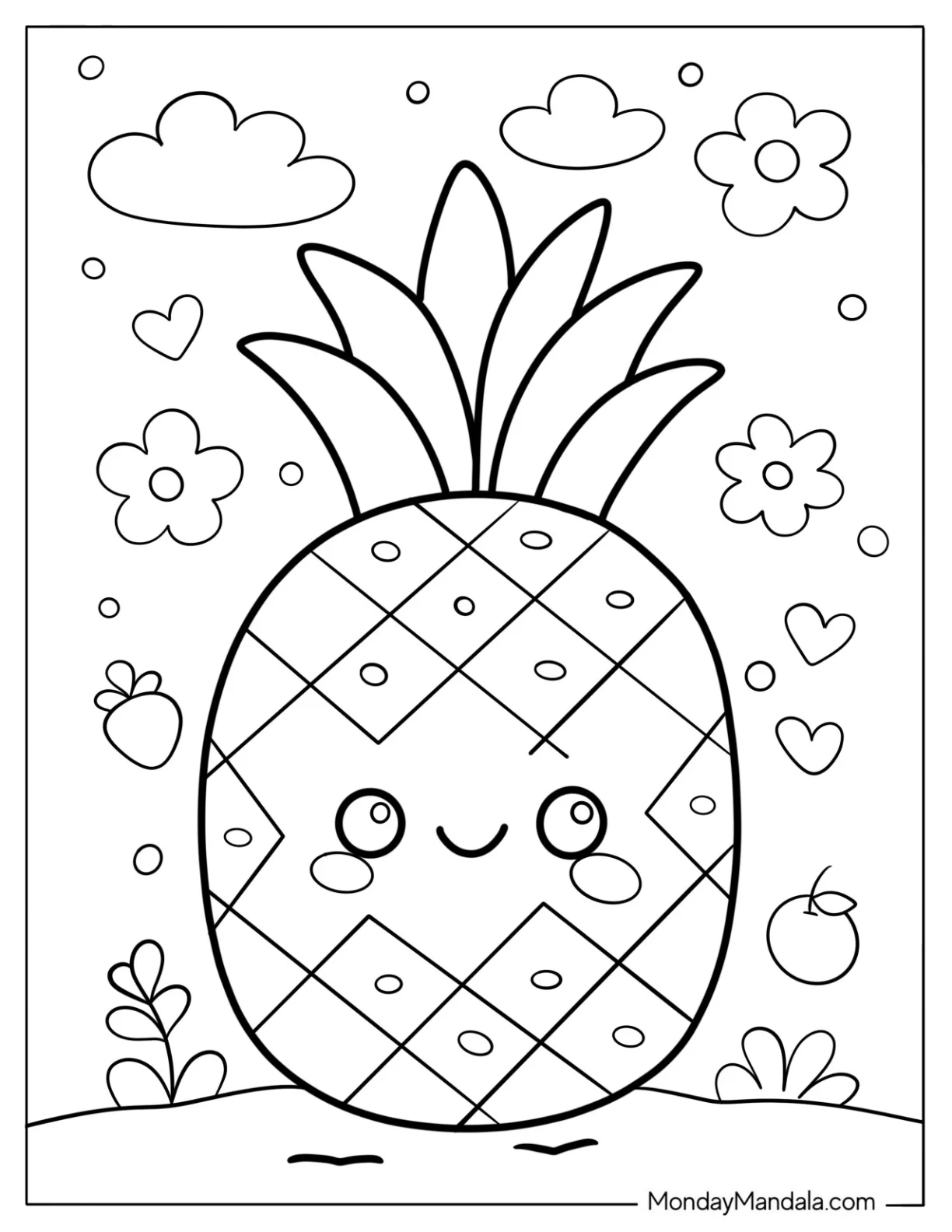 Cute Pineapple Coloring Page in a Fruit Garden For Preschoolers coloring page — printable line art