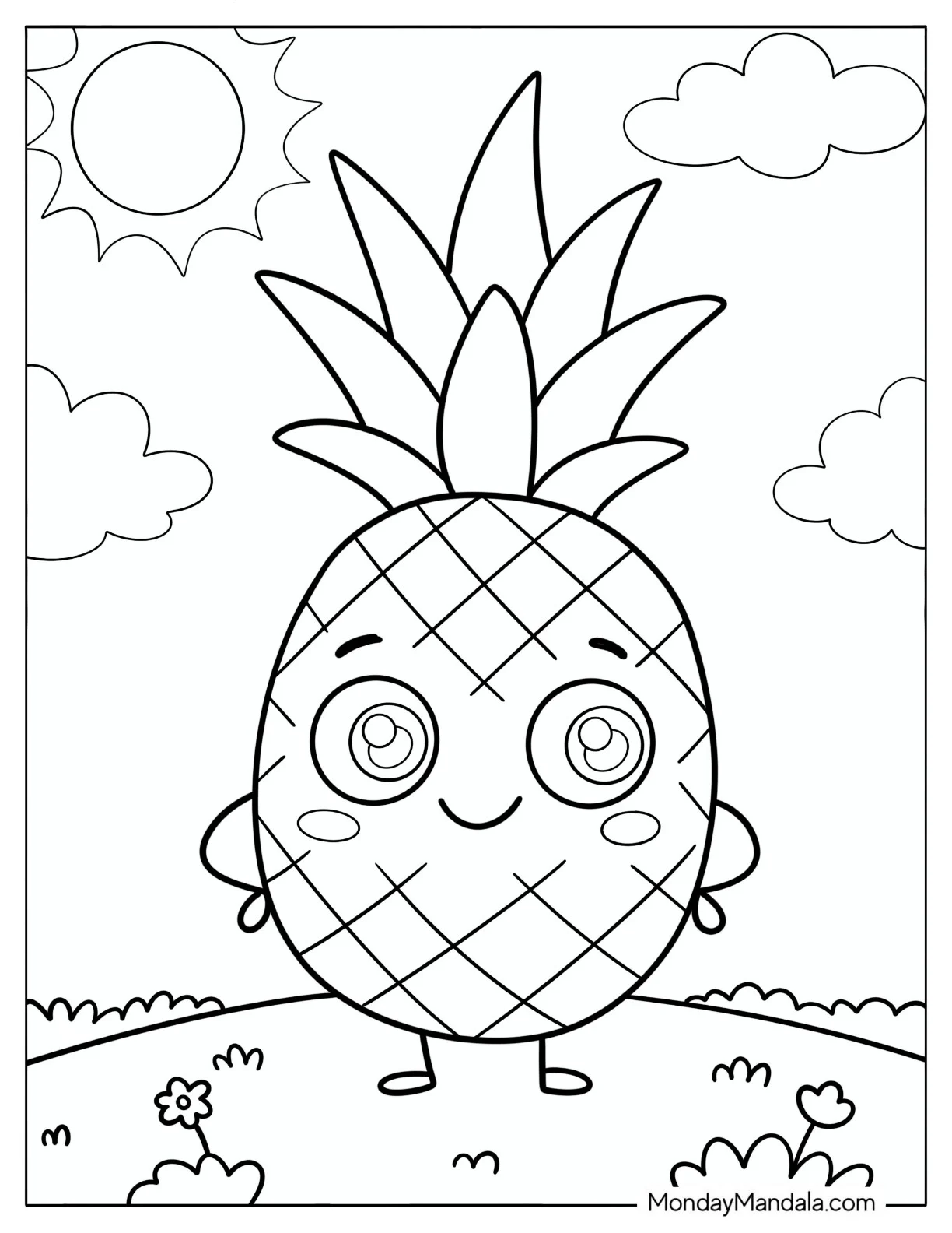 Easy Smiling Pineapple on a Sunny Day Coloring Page for Kids coloring page