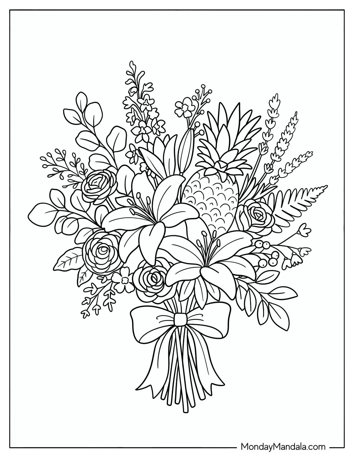 Flower Bouquet with a Bow and Pineapple Coloring Sheet coloring page — printable line art