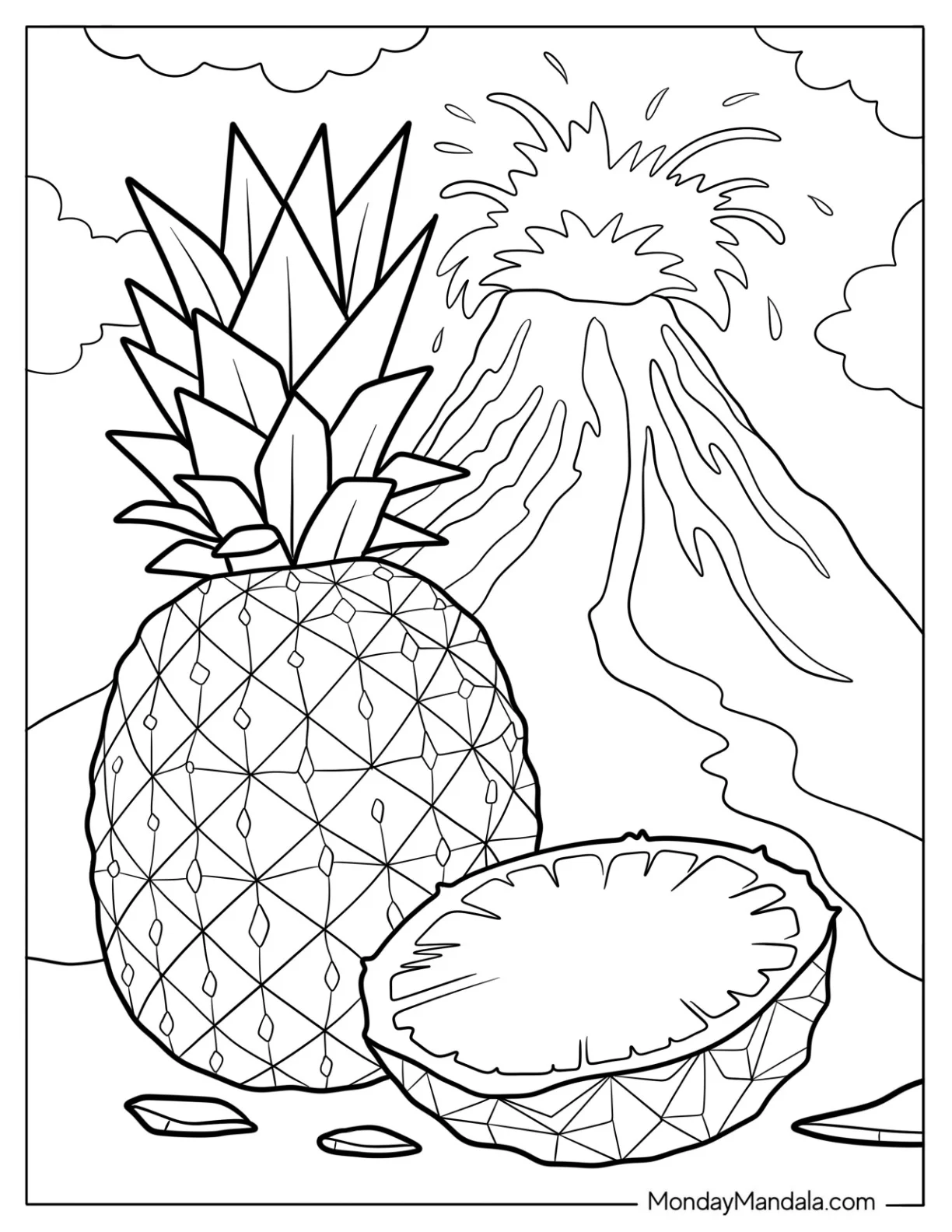 Geometric Pineapple Coloring Page With Volcano Eruption coloring page — printable line art