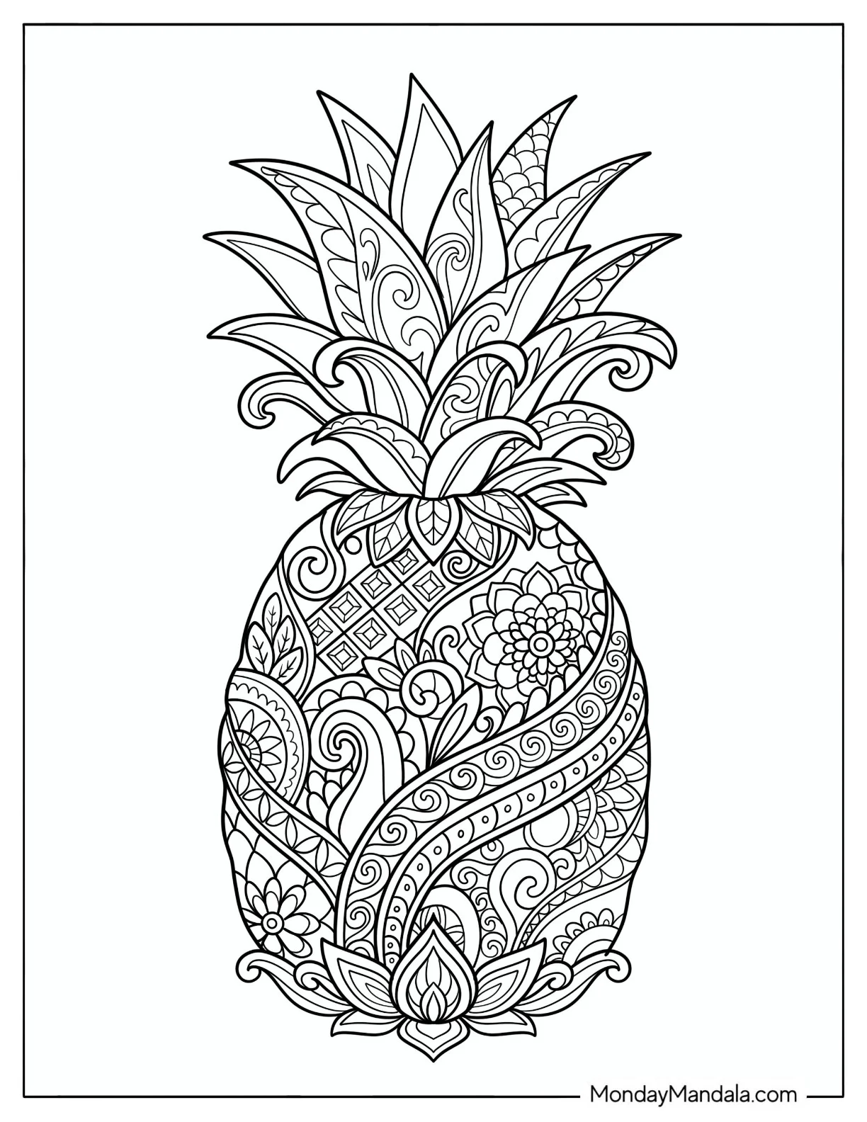 Intricate Floral Pineapple Coloring Page coloring page — printable line art