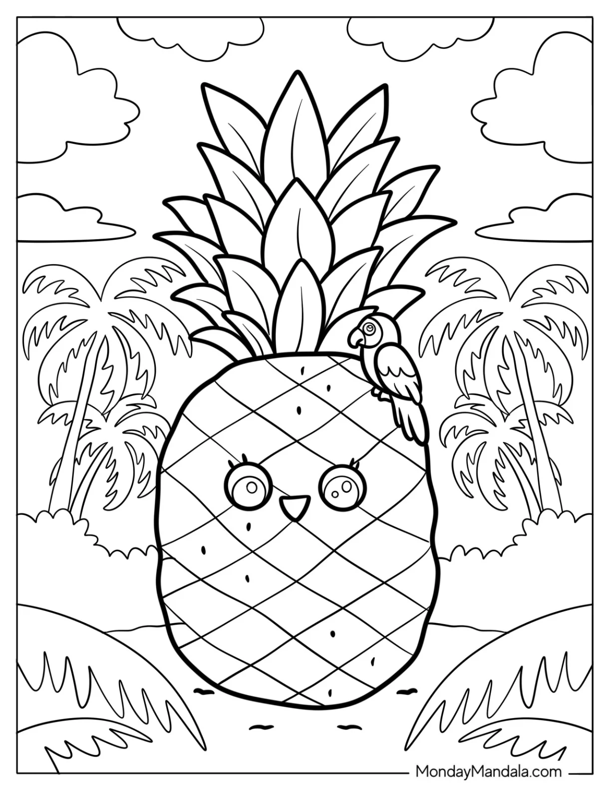 Kawaii Pineapple Coloring Page With Parrot in Tropical Jungle For Kids coloring page — printable line art