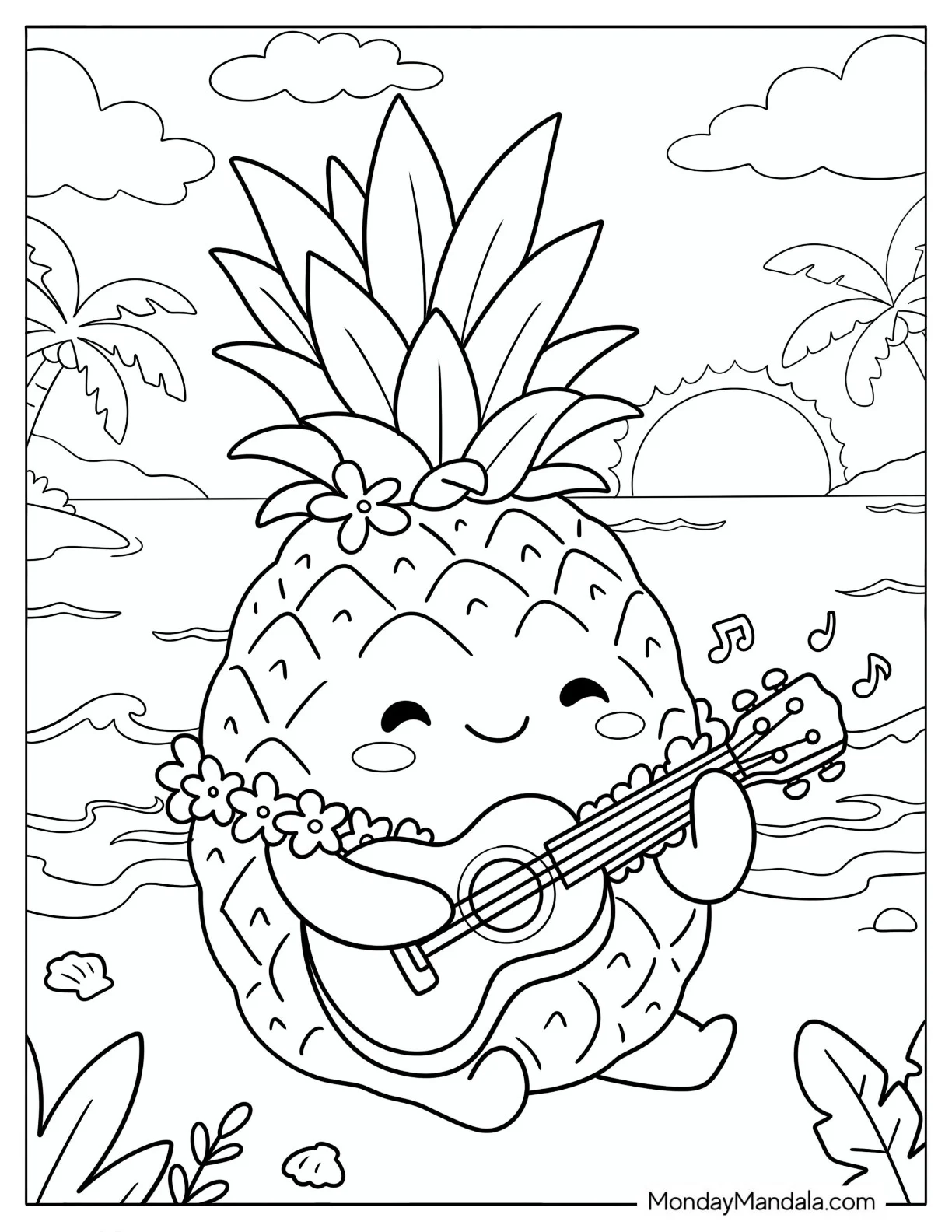 Kawaii Pineapple Playing Guitar on a Tropical Beach Coloring Sheet for Kids coloring page — printable line art