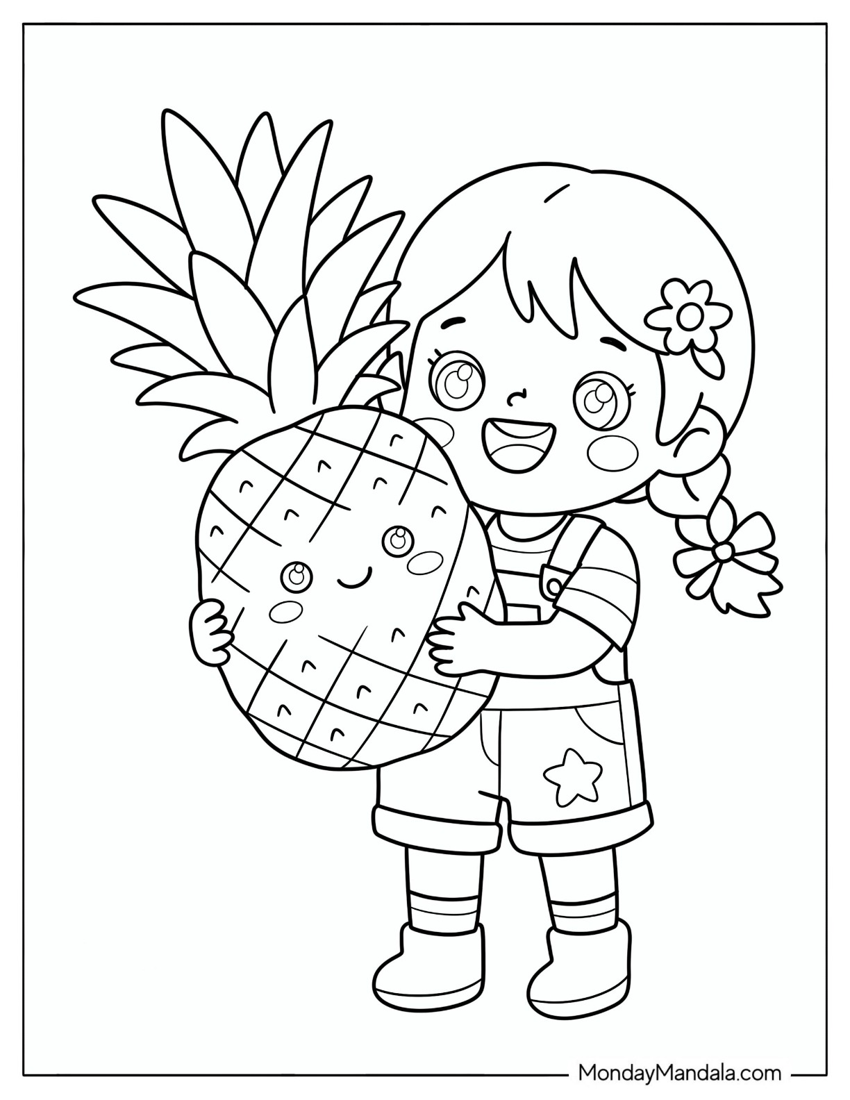 Little Girl Holding a Massive Pineapple Coloring Page for Kids coloring page — printable line art