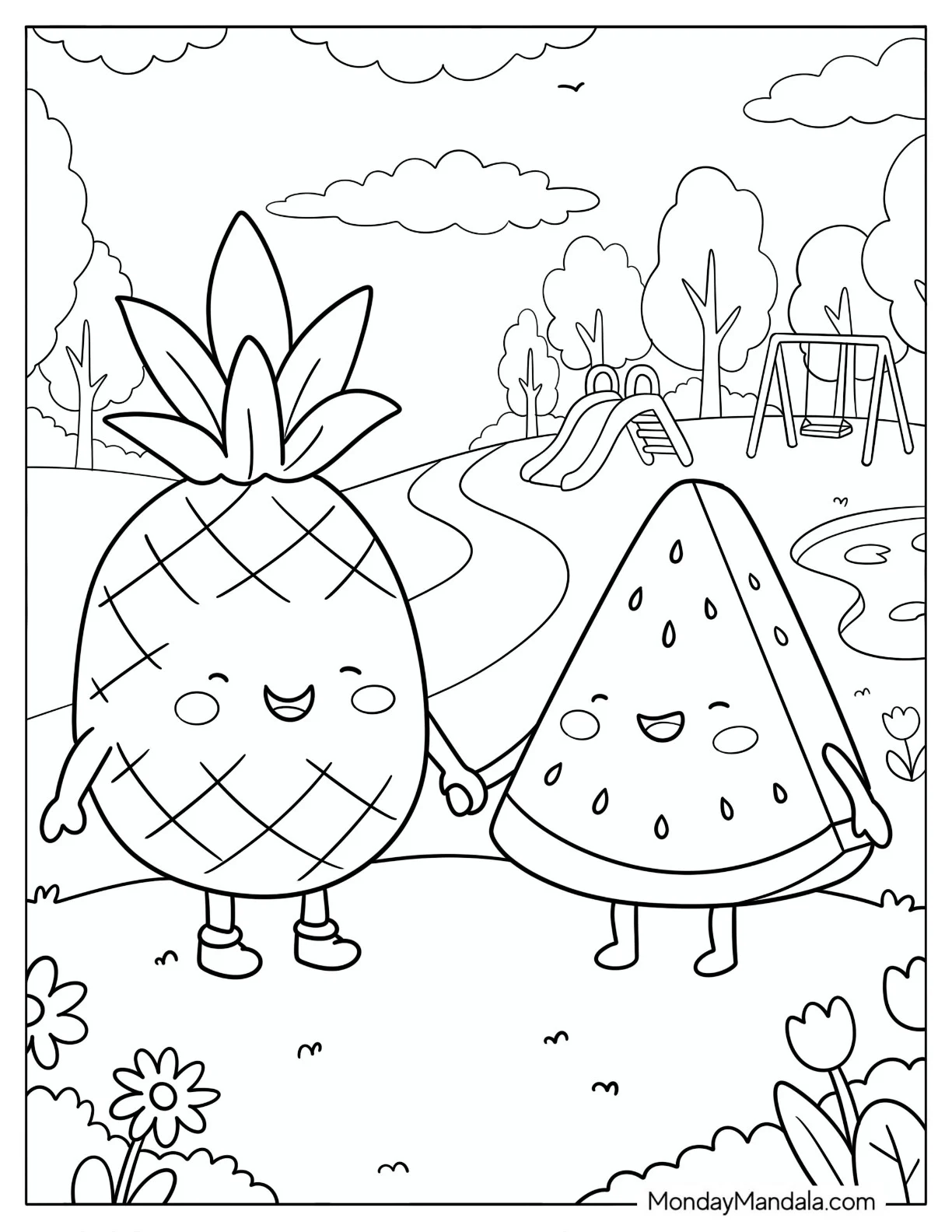 Pineapple and Watermelon Holding Hands in a Park Coloring Sheet coloring page — printable line art