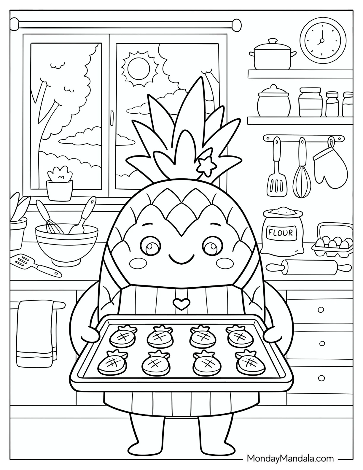 Pineapple Baking Cookies in a Kitchen Coloring Sheet coloring page — printable line art