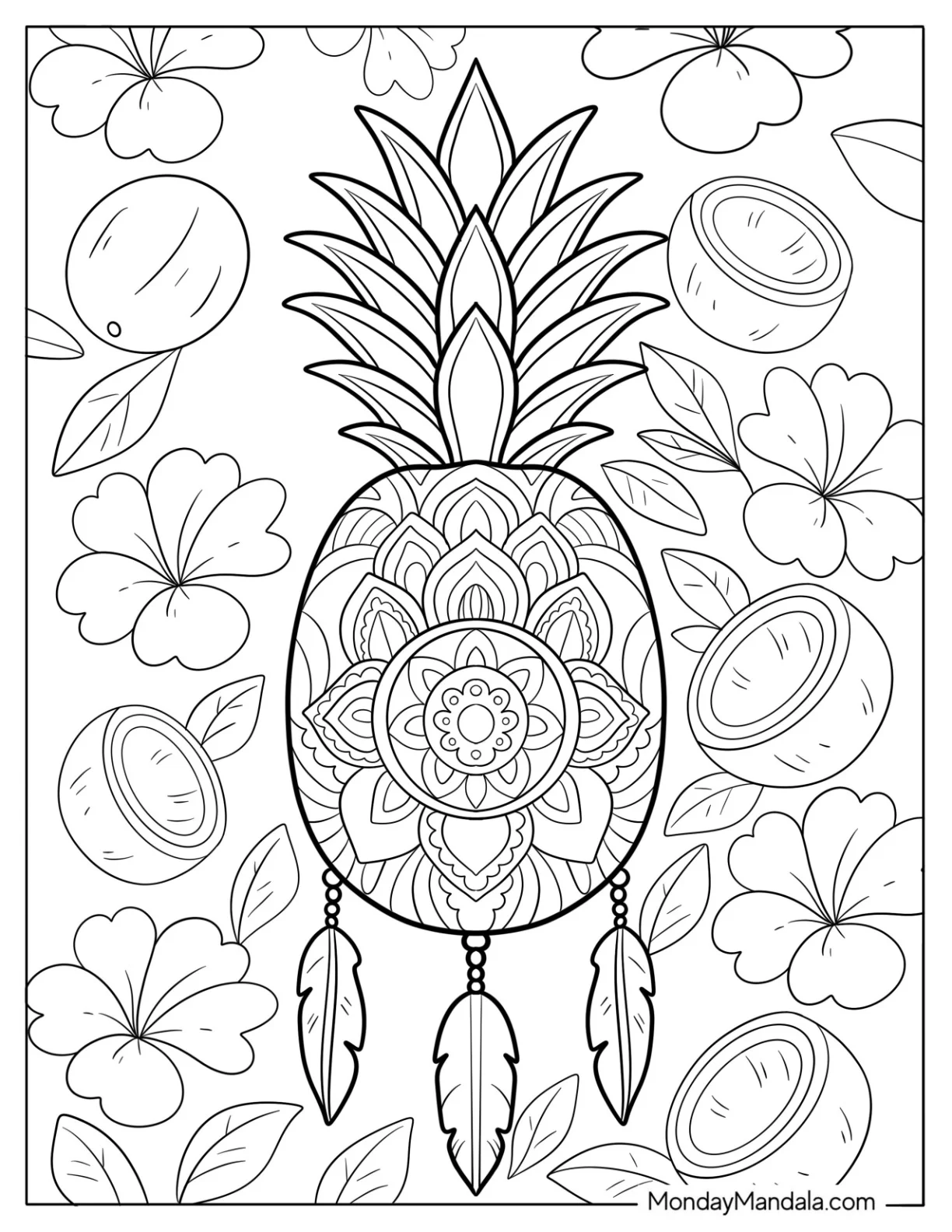 Pineapple Coloring Page Dreamcatcher With Mandala and Coconuts coloring page
