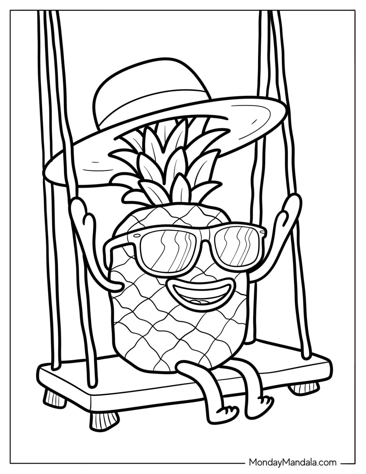 Pineapple Coloring Page on Swing Wearing Sunglasses and Hat coloring page — printable line art