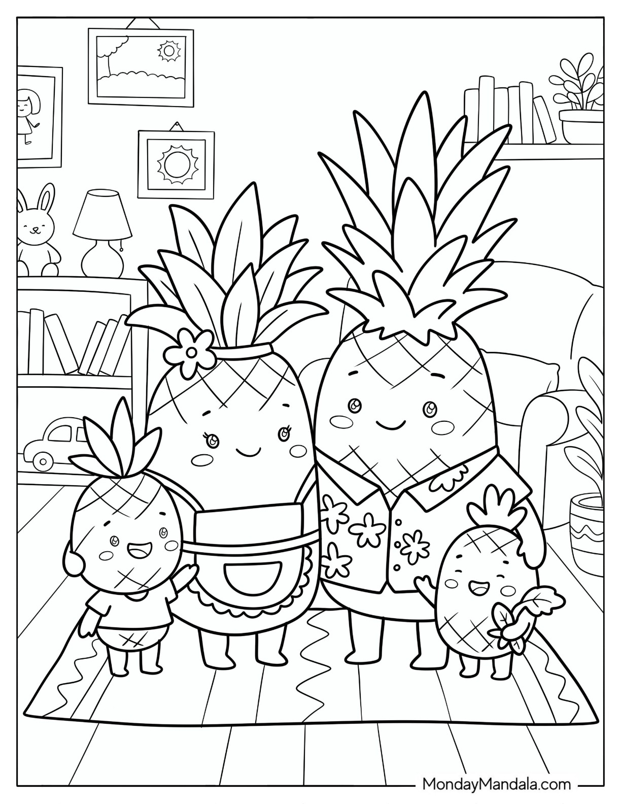 Pineapple Family in a Living Room Coloring Sheet coloring page — printable line art
