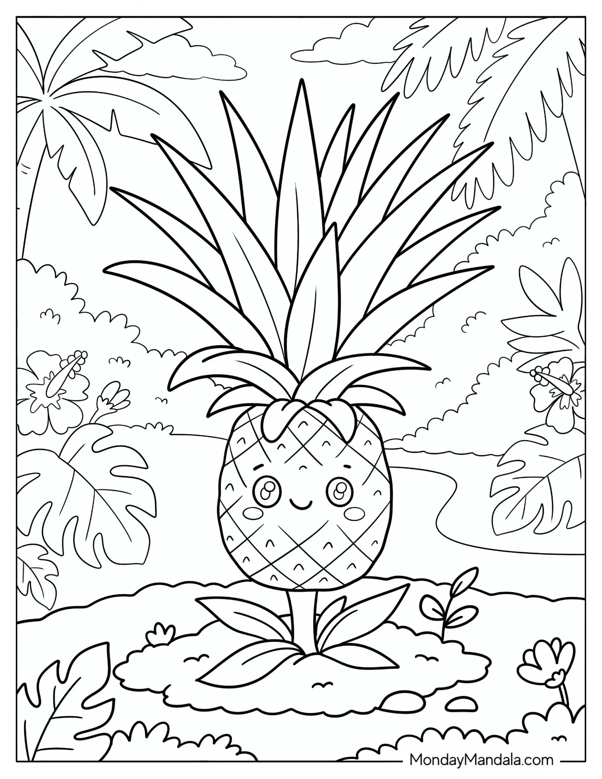 Pineapple Growing in a Tropical Garden Coloring Sheet coloring page — printable line art