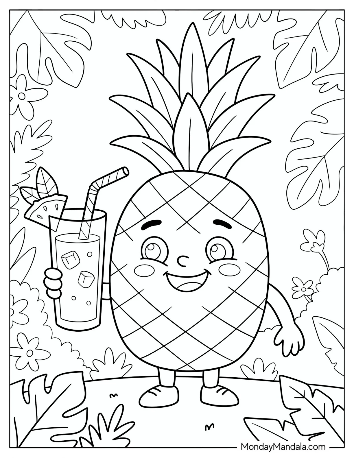 Pineapple Holding a Tropical Drink in a Jungle Coloring Sheet coloring page — printable line art