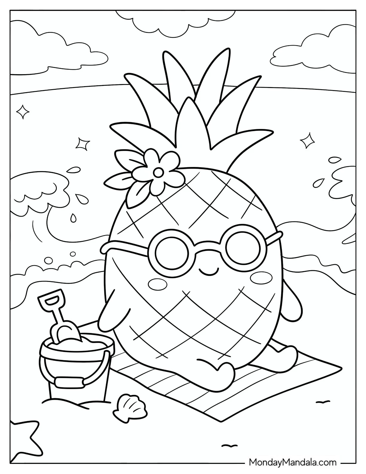 Pineapple Relaxing on a Beach Towel with Sunglasses Coloring Page for Kids coloring page — printable line art