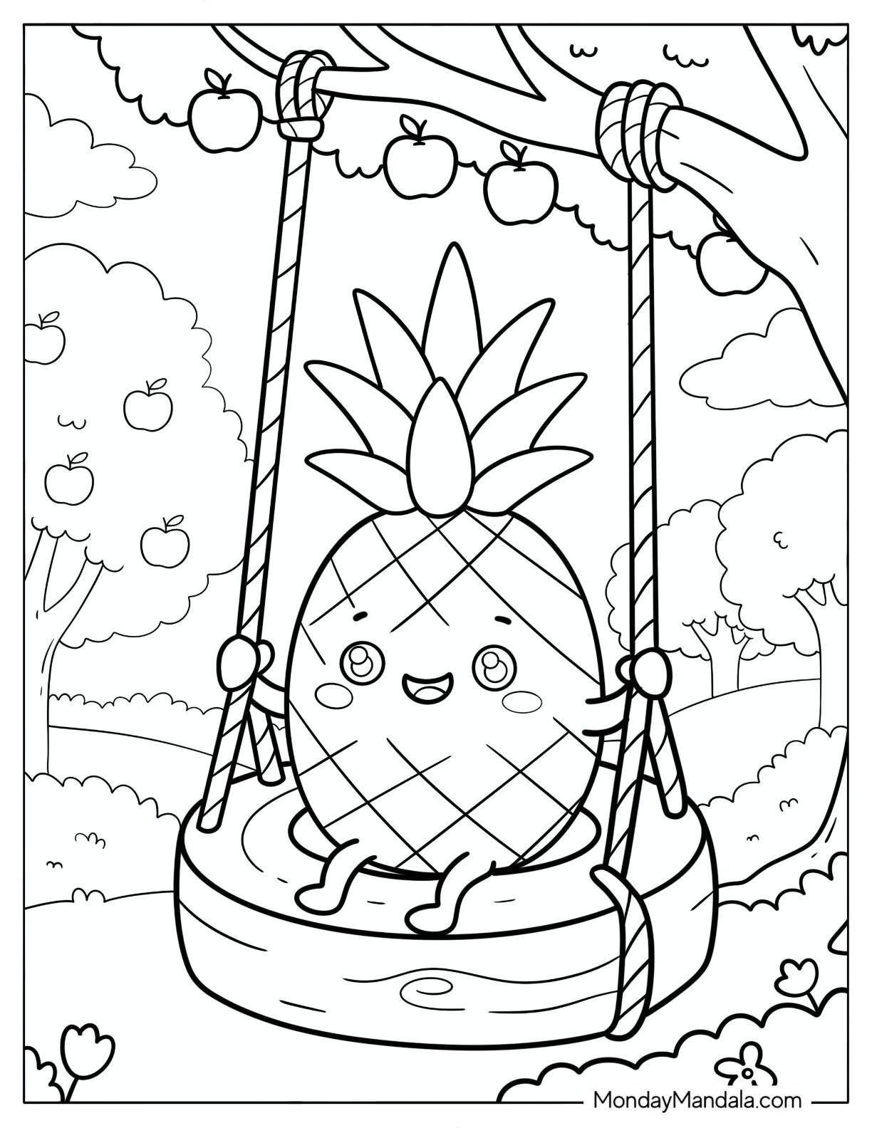 Pineapple Riding a Tire Swing in an Apple Orchard coloring page — printable line art