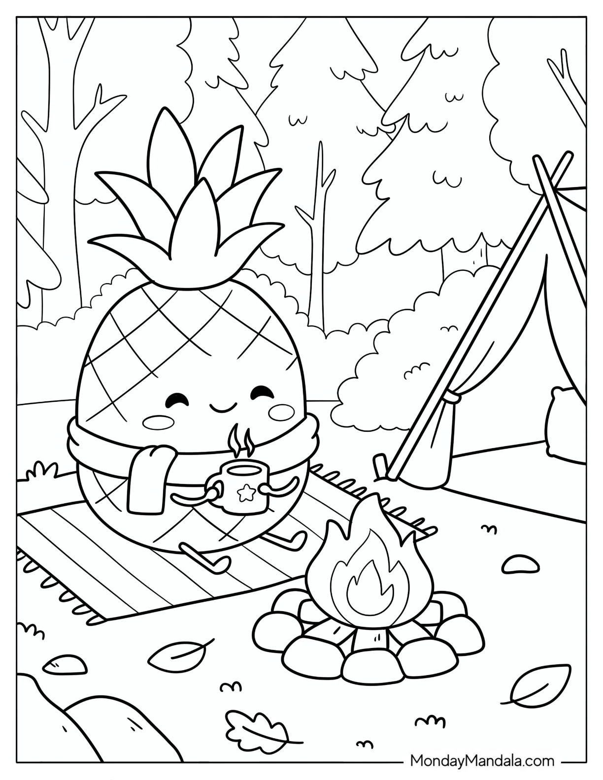 Pineapple Roasting Marshmallows Beside a Campfire Coloring Sheet coloring page — printable line art