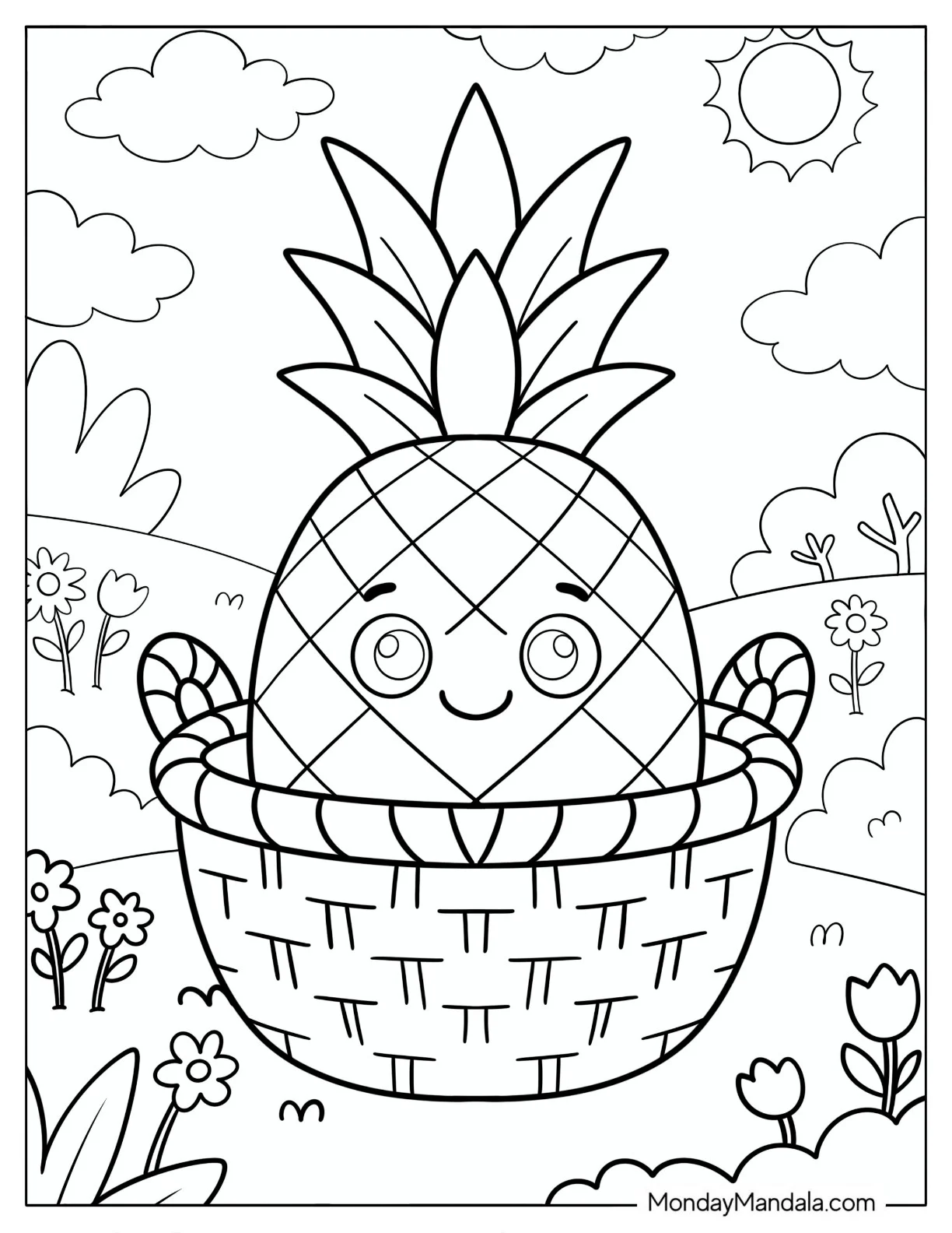 Pineapple Sitting in a Basket in a Flower Garden Coloring Sheet coloring page — printable line art