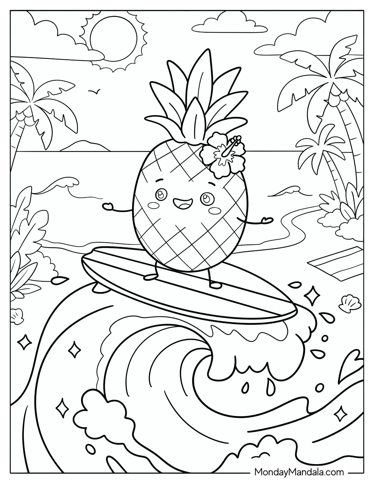 Pineapple Surfing a Tropical Ocean Wave Coloring Page coloring page